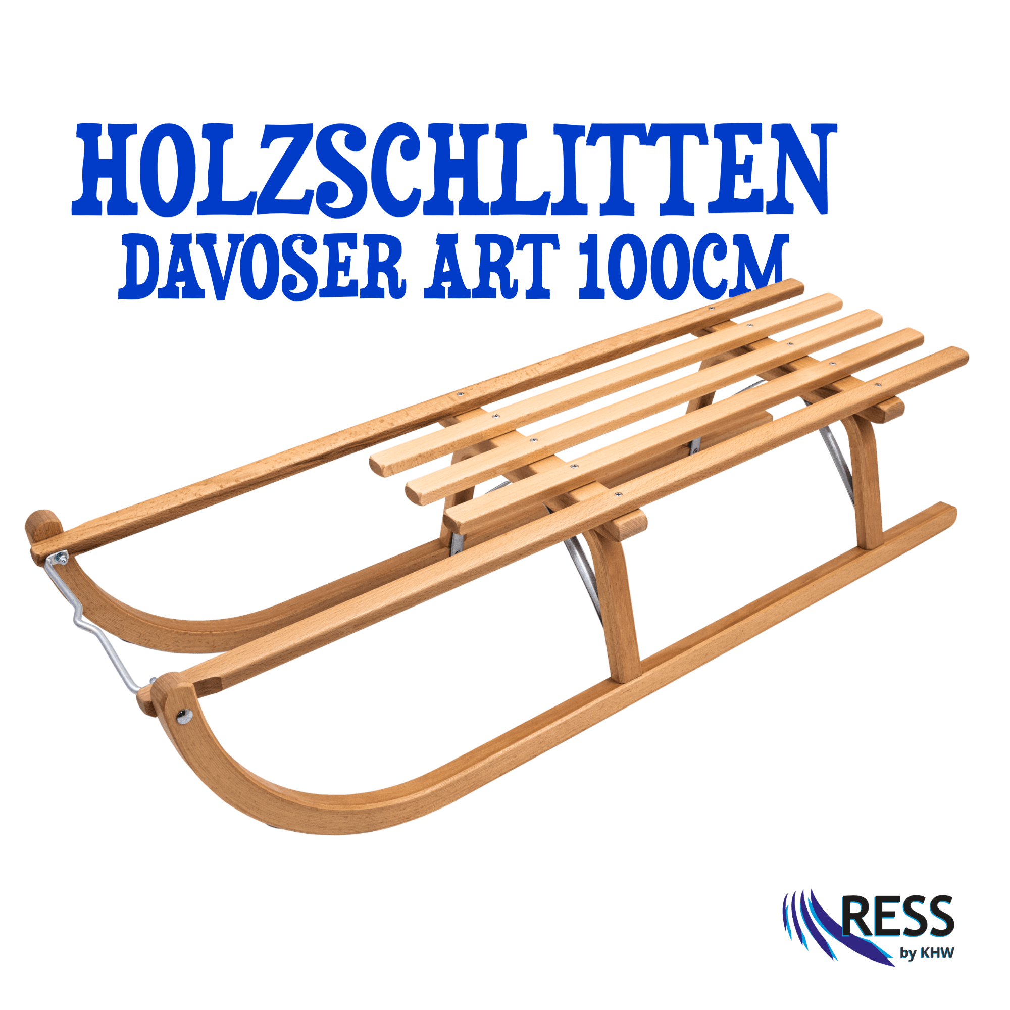 Holzschlitten Davoser Art mit 100 cm Länge aus Buchenholz, klassische Bauform, freigestellt auf weißem Hintergrund