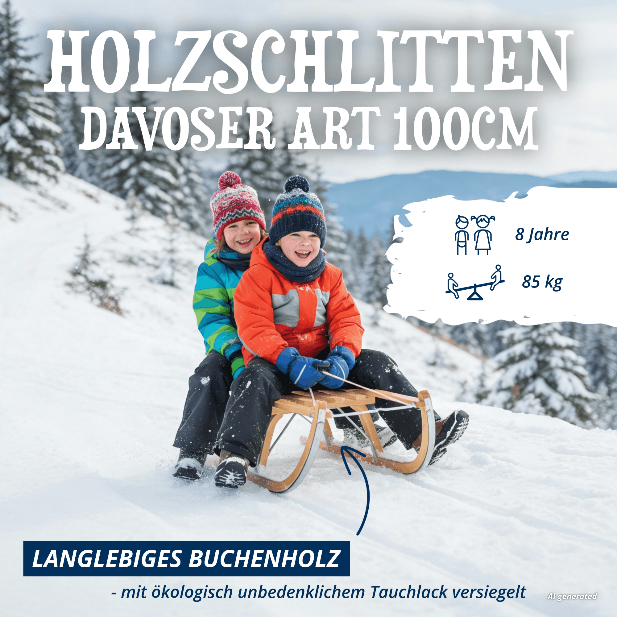 Zwei Kinder sitzen auf einem Holzschlitten Davoser Art im verschneiten Winterberg, Schlitten aus Buchenholz mit Zugband