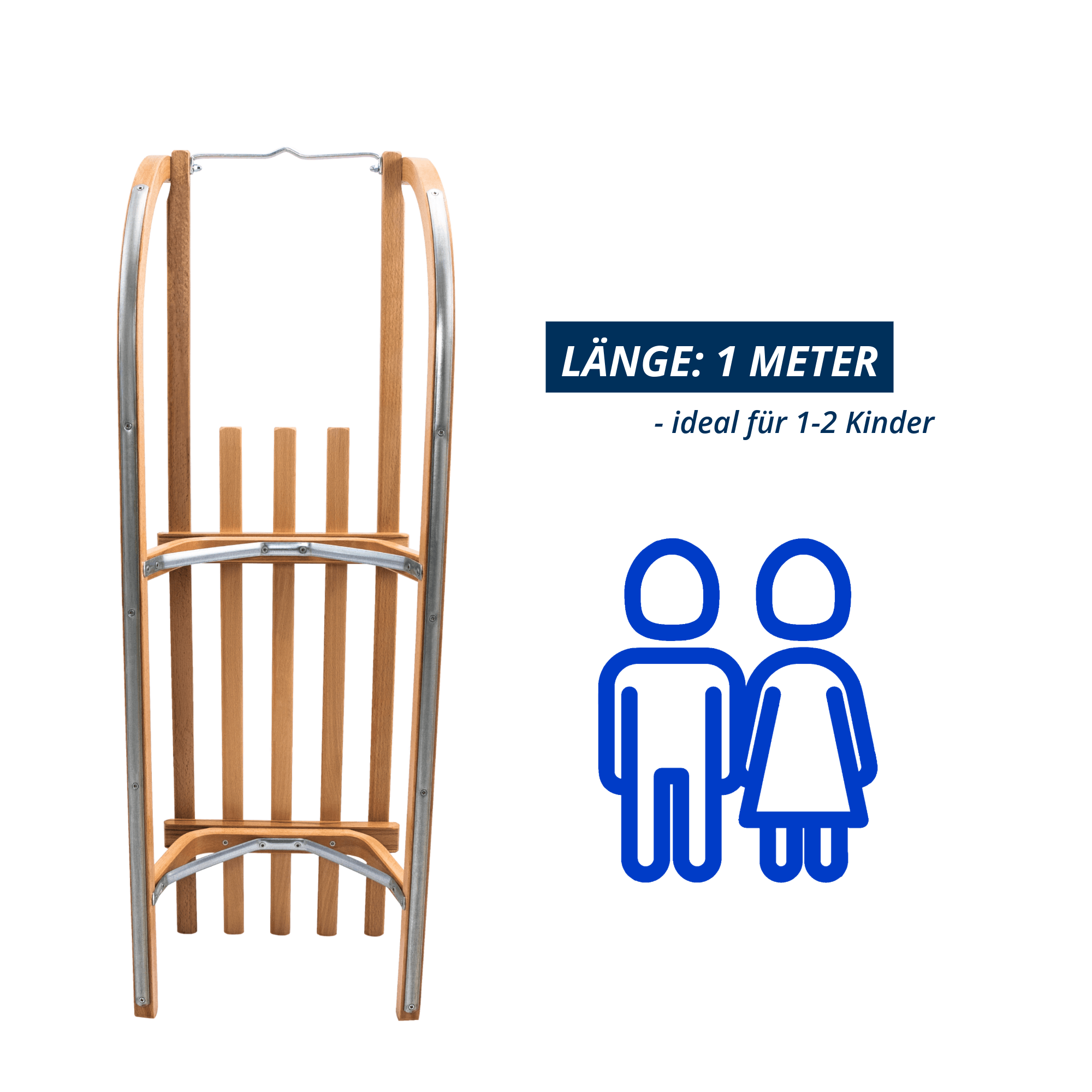 Holzschlitten Davoser Art mit 100 cm Länge, geeignet für ein bis zwei Kinder, Draufsicht mit Maßangabe