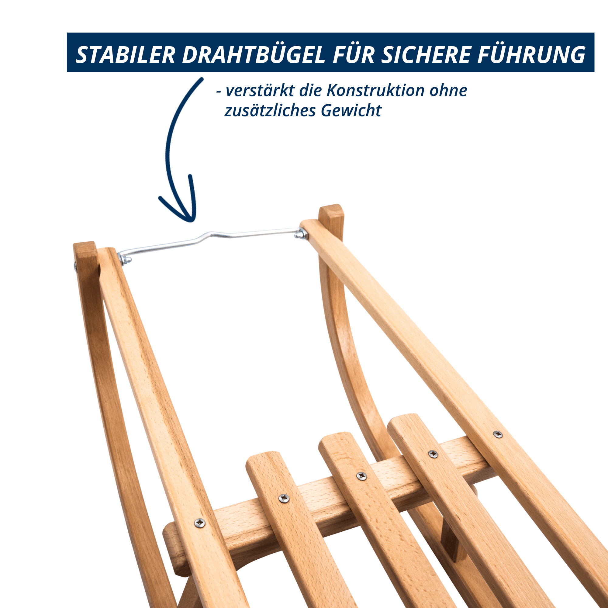 Stabiler Drahtbügel am Holzschlitten Davoser Art zur sicheren Führung und Verstärkung der Konstruktion