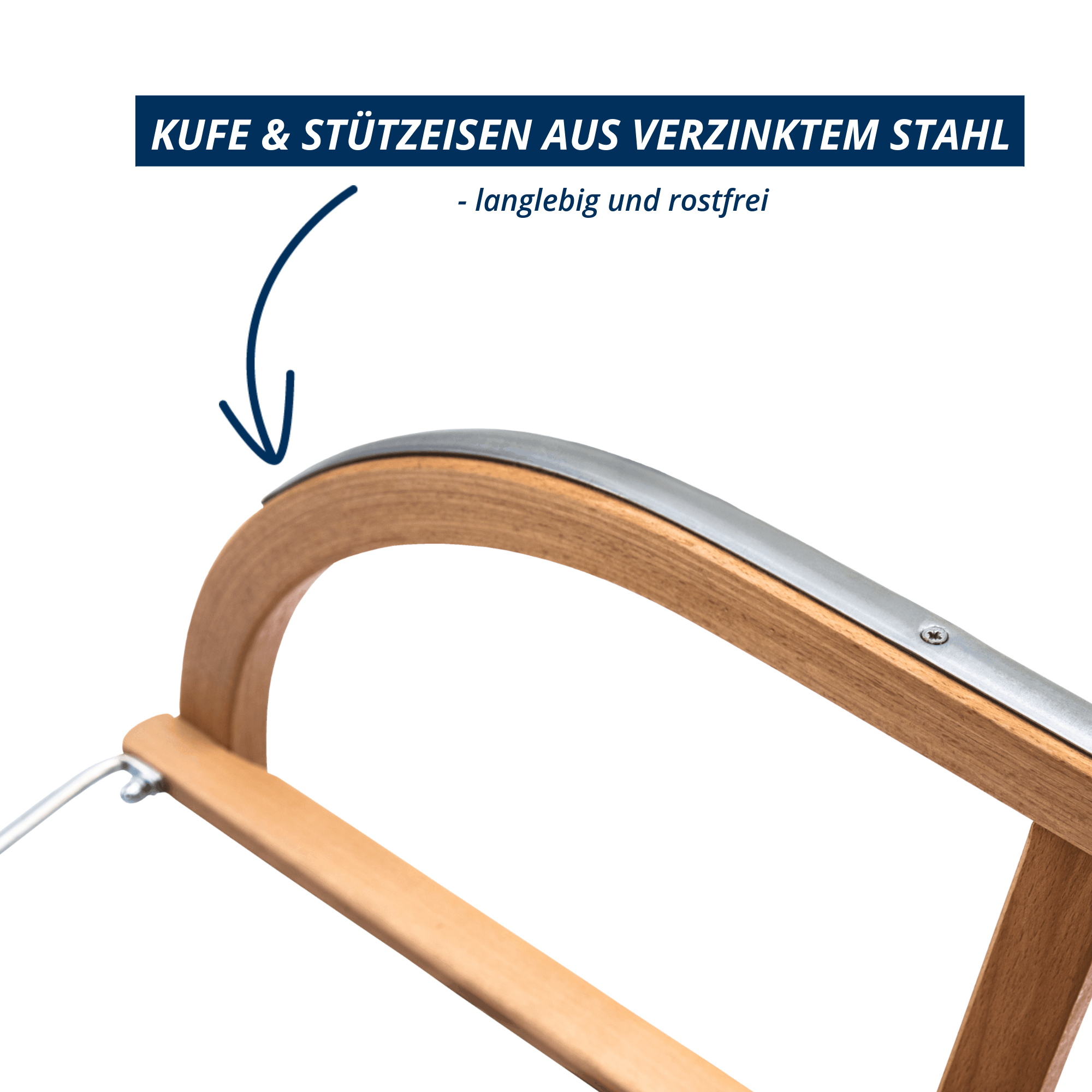 Gebogene Holzkufe mit aufgeschraubtem verzinktem Stahl beim Davoser Holzschlitten, Detailansicht
