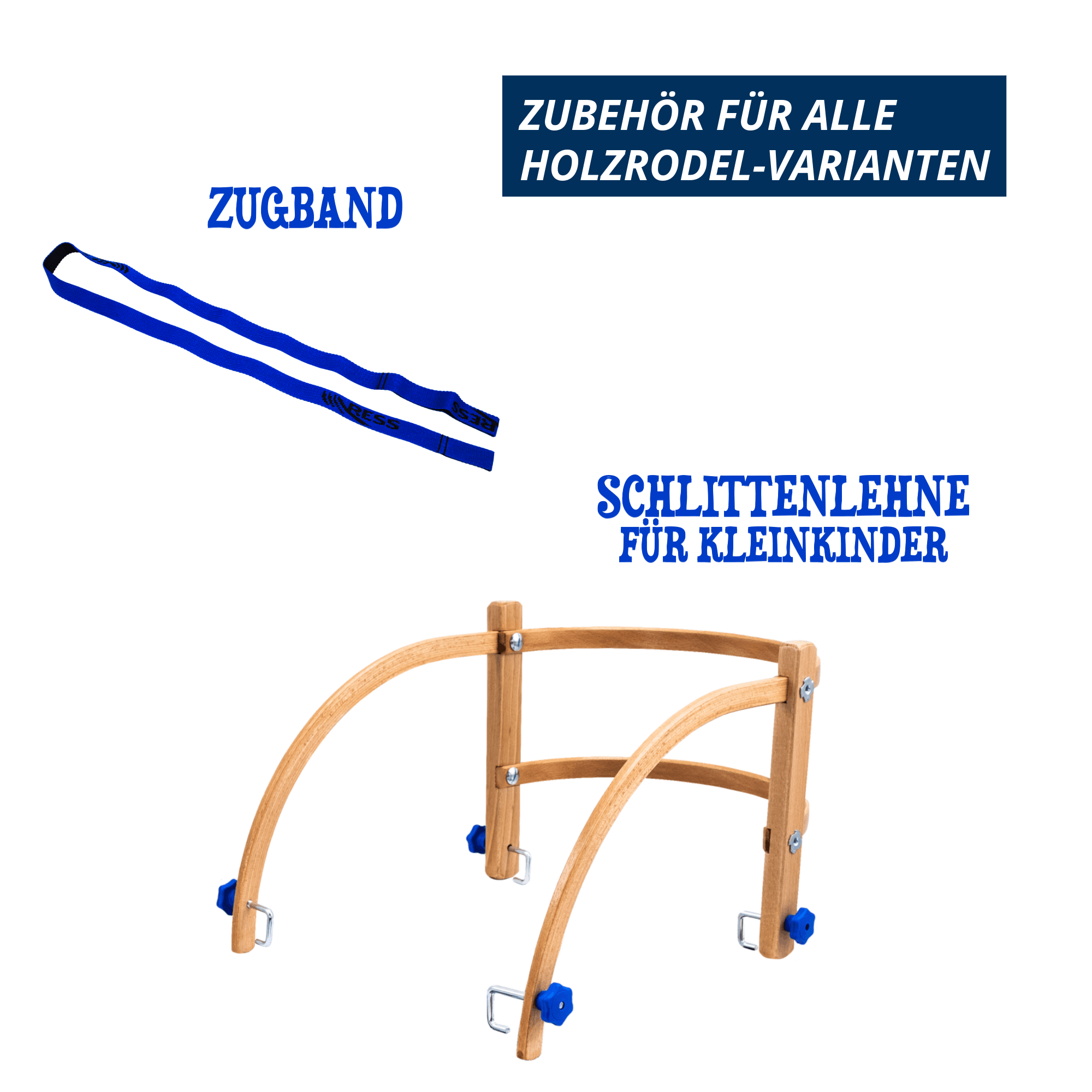 Zubehör für Holzschlitten Davoser Art mit Zugband und Schlittenlehne für Kleinkinder, freigestellt