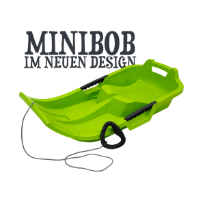 Freigestellter grüner KHW Minibob auf weißem Hintergrund mit Text: „Minibob im neuen Design“.