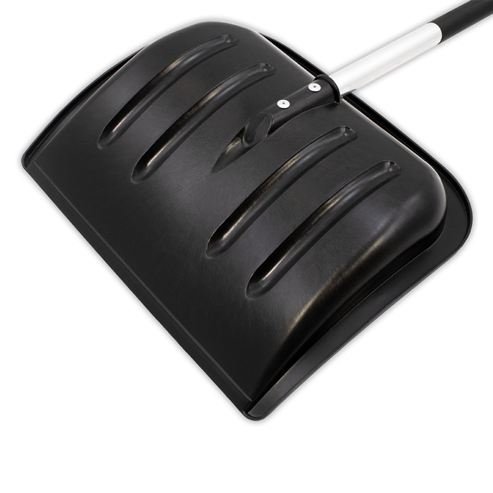 Rückansicht der schwarzen Kunststoffschaufel des Kinderschneeschiebers „Snow Sweeper Kids“ mit robustem Aluminiumstiel.