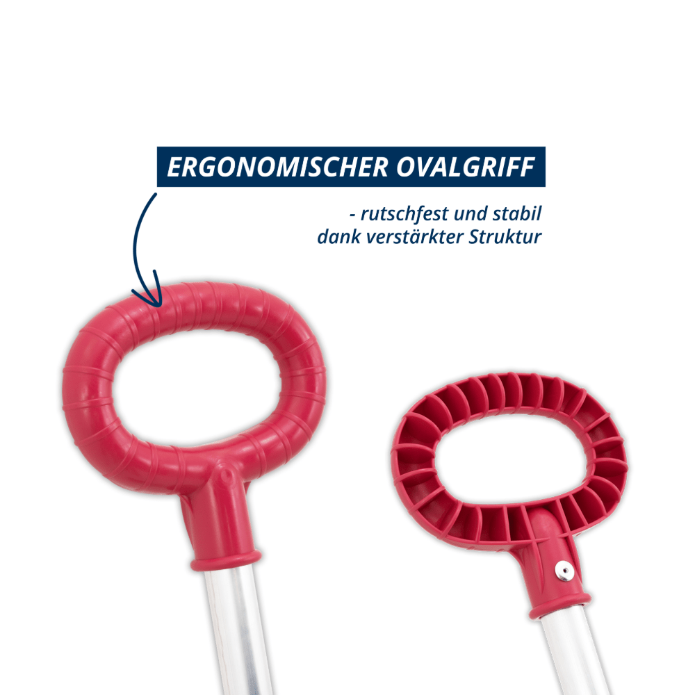 Pinkfarbener Griff des Kinderschneeschiebers „Snow Sweeper Kids“ im Detail, Vorder- und Rückseite mit ergonomischer Ovalform.