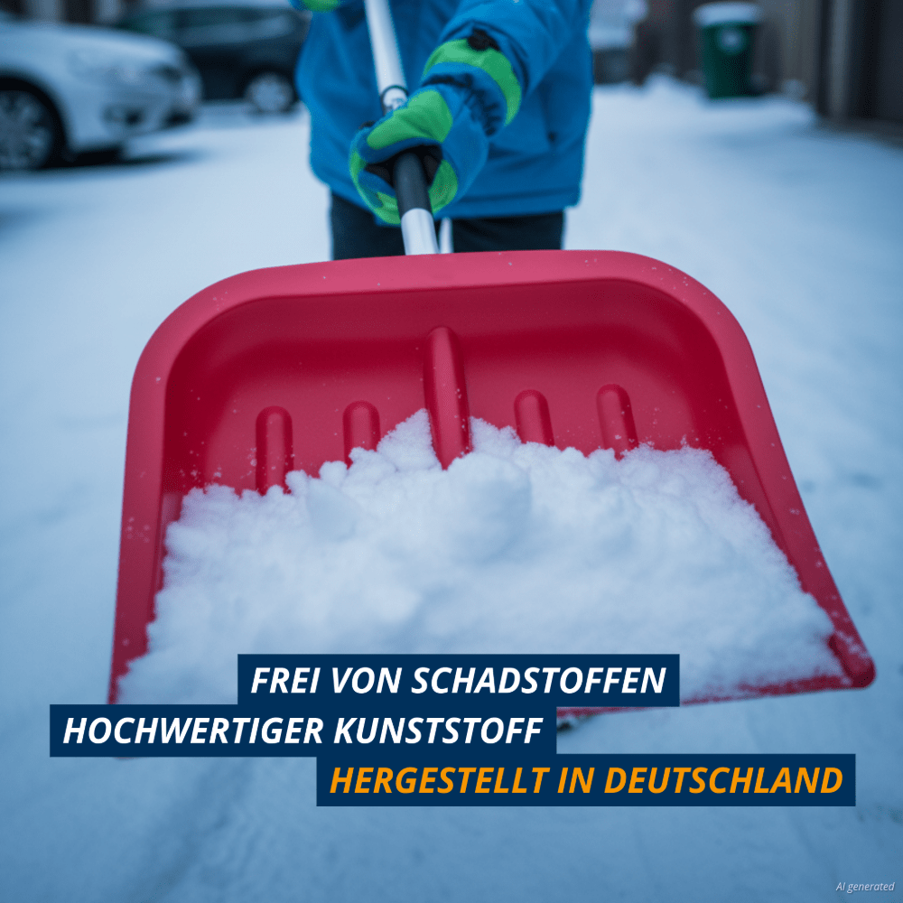 Kind mit blauer Jacke und grünen Handschuhen schiebt Schnee mit pinkem Kinderschneeschieber „Snow Sweeper Kids“ von KHW.
