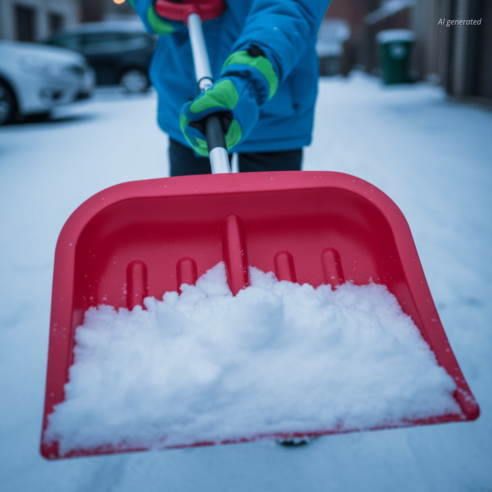 Kind mit blauem Wintermantel und grünen Handschuhen schiebt Schnee mit einem roten Kinderschneeschieber „Snow Sweeper Kids“ von KHW auf verschneiter Einfahrt.