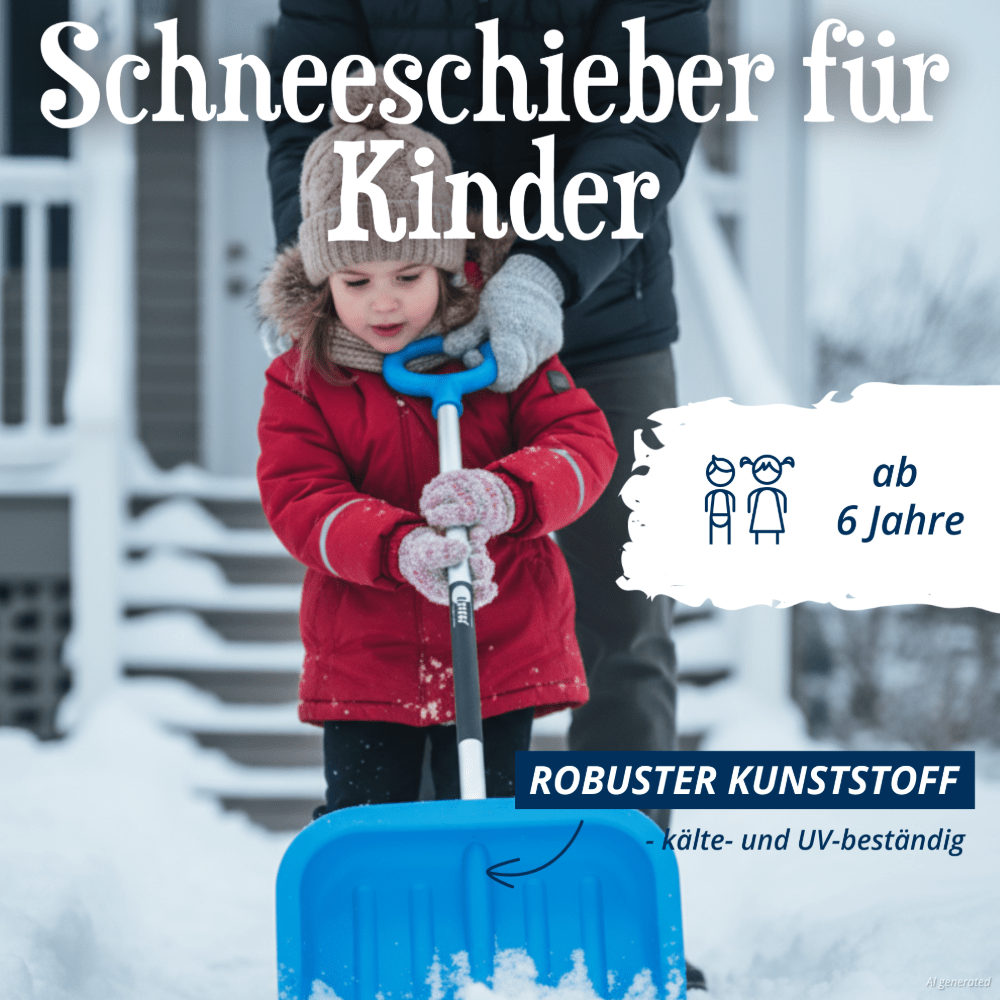 Kind in roter Jacke schiebt Schnee mit dem blauen Kinderschneeschieber „Snow Sweeper Kids“ von KHW, begleitet von einem Erwachsenen.