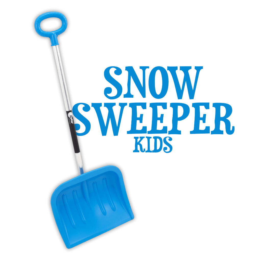 Blauer Kinderschneeschieber „Snow Sweeper Kids“ von KHW auf weißem Hintergrund mit Produktname in blauer Schrift.