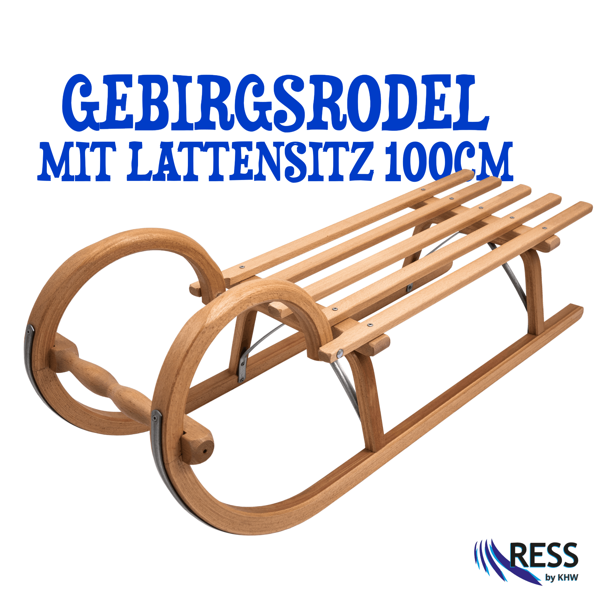 Klassischer Gebirgsrodel aus hellem Buchenholz mit Holz-Lattensitz und geschwungenen Griffhörnern, stabile Stahlkufen, Gesamtlänge einhundert Zentimeter