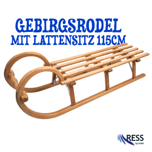 Gebirgsrodel aus Buchenholz mit Lattensitz in 115 cm Länge, Holzschlitten mit geschwungenen Hörnern und verzinkten Stahlkufen auf weißem Hintergrund.