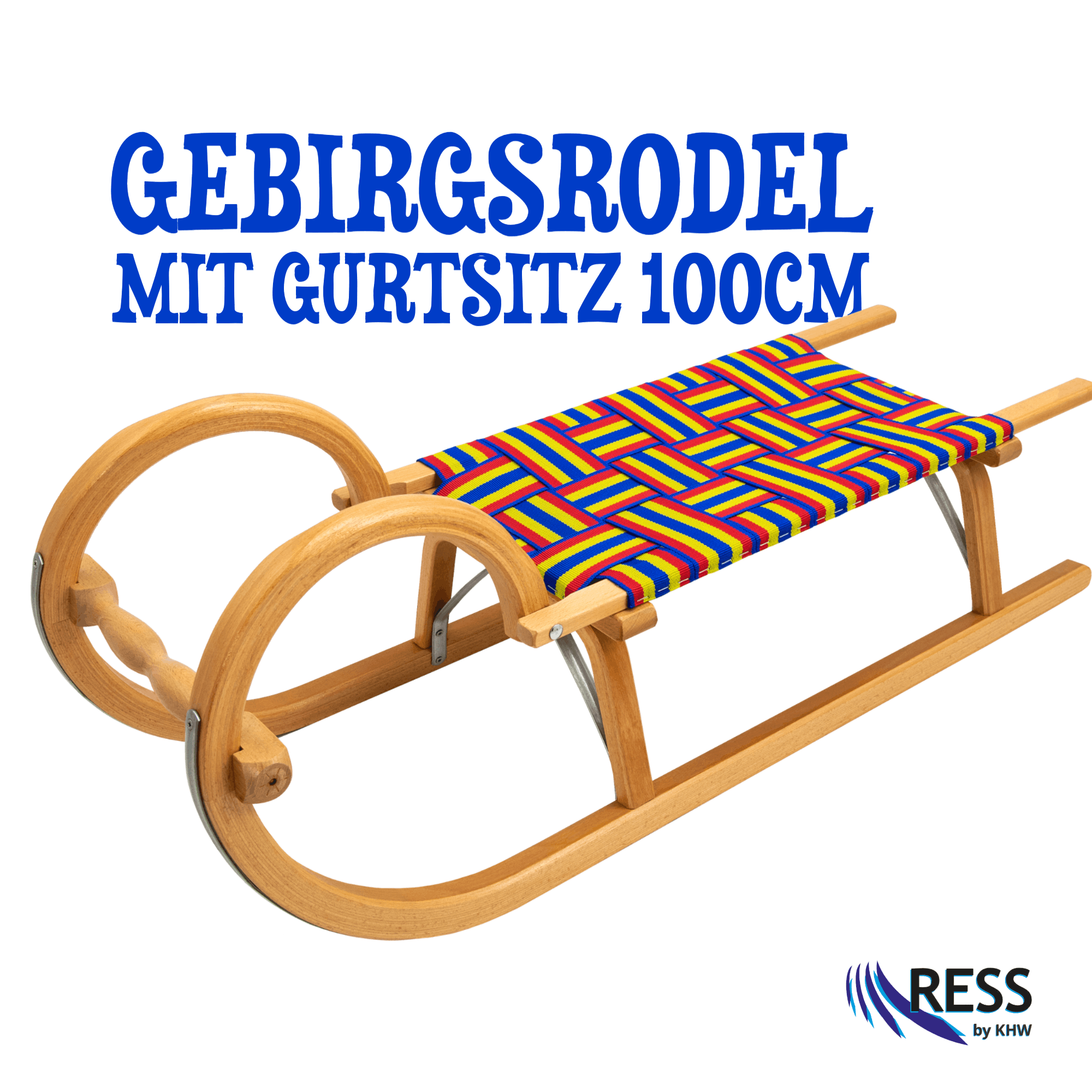 Gebirgsrodel mit Gurtsitz 100 cm aus massivem Buchenholz mit bunter Nylon-Sitzfläche, freigestellt auf weißem Hintergrund