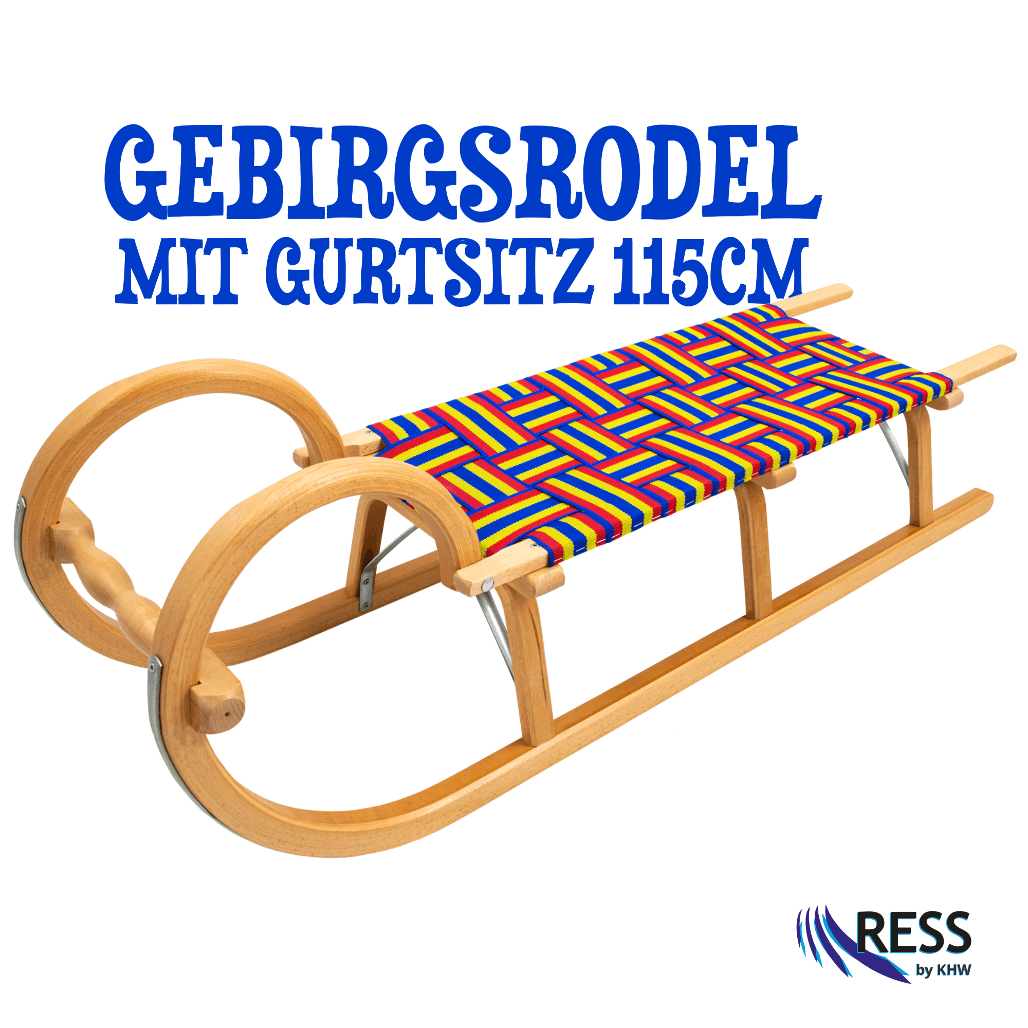 Gebirgsrodel aus Buchenholz mit buntem Gurtsitz in 115 cm Länge, klassischer Holzschlitten mit geschwungenen Hörnern und verzinkten Stahlkufen, freigestellt auf weißem Hintergrund.