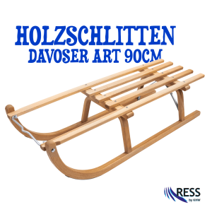 Holzschlitten Davoser Art 90 cm aus Holz mit Metallkufen, freigestellt auf weißem Hintergrund