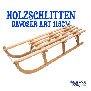 Holzschlitten Davoser Art 115 cm aus Buchenholz mit Lattensitz und Metallkufen, freigestellt auf weißem Hintergrund