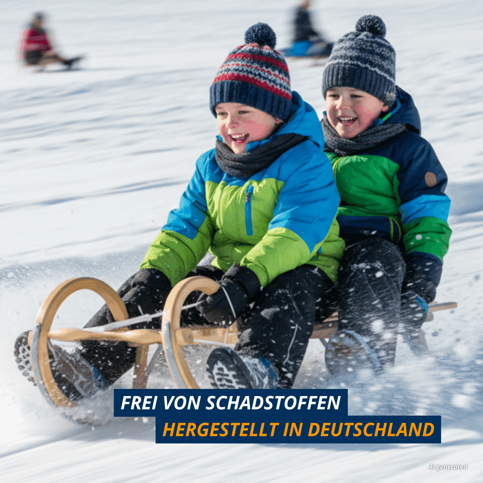 Zwei Kinder fahren gemeinsam mit einem Holzschlitten im Schnee, hergestellt in Deutschland und frei von Schadstoffen.