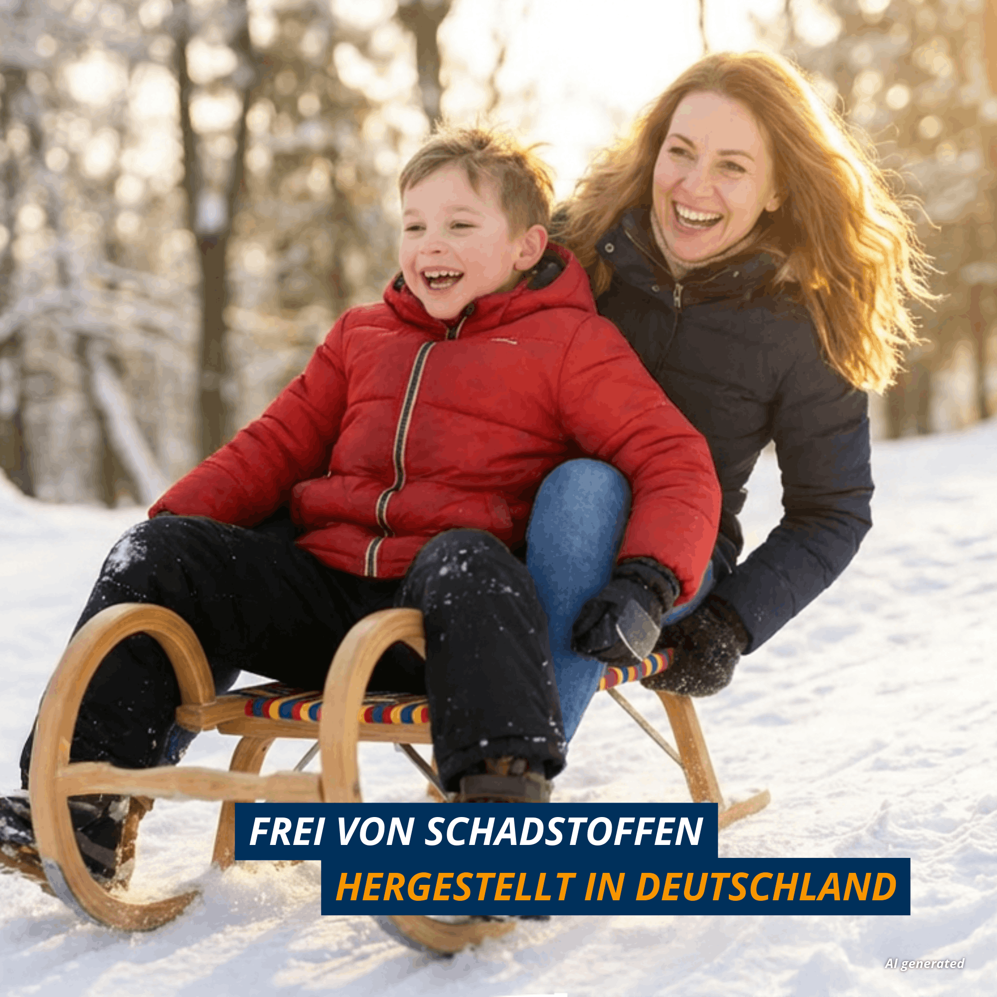 Kind und Erwachsene fahren gemeinsam mit dem Gebirgsrodel mit Gurtsitz, schadstofffrei und hergestellt in Deutschland