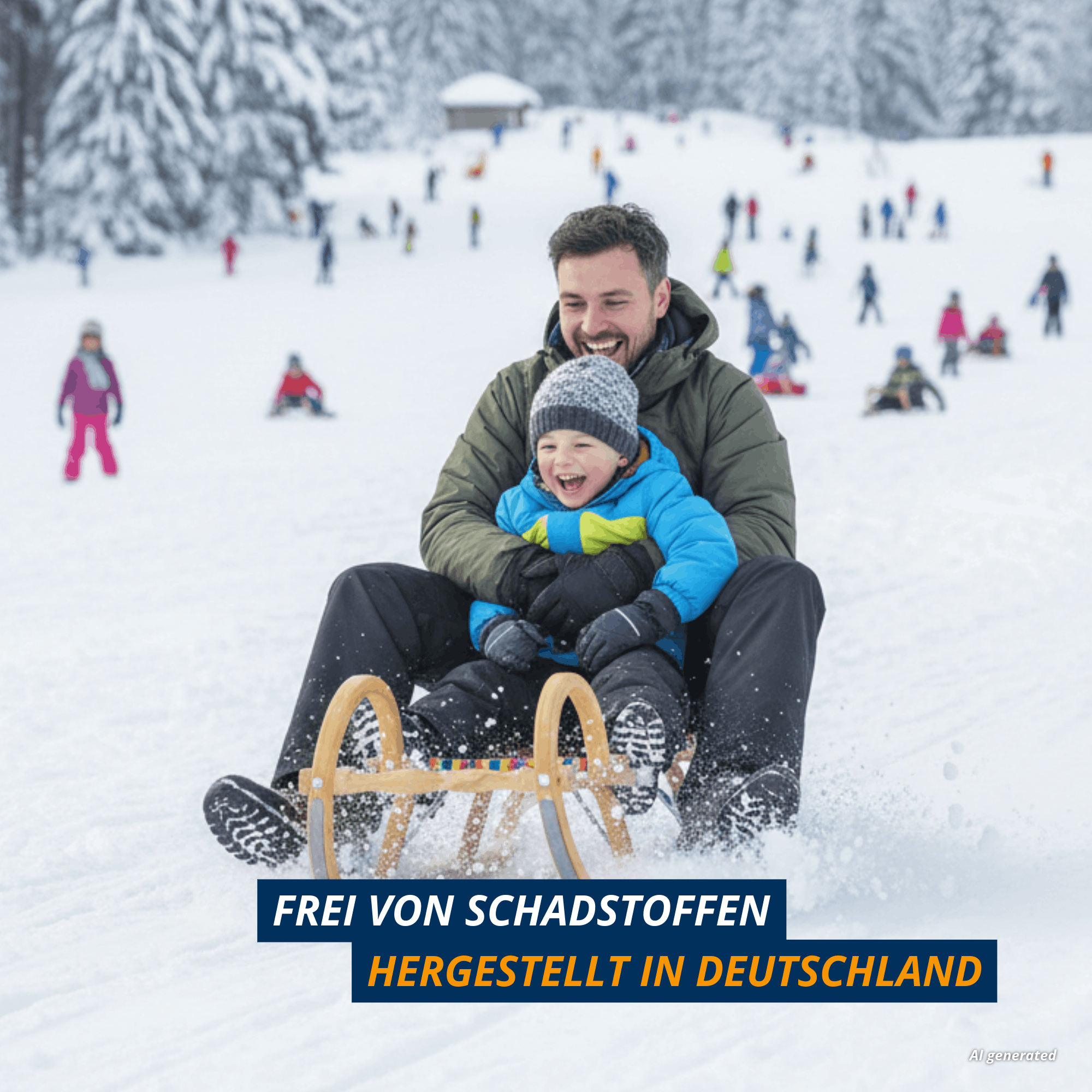 Erwachsener und Kind fahren gemeinsam auf einem Gebirgsrodel im Schnee, Hinweis auf schadstofffreie Materialien und Herstellung in Deutschland.