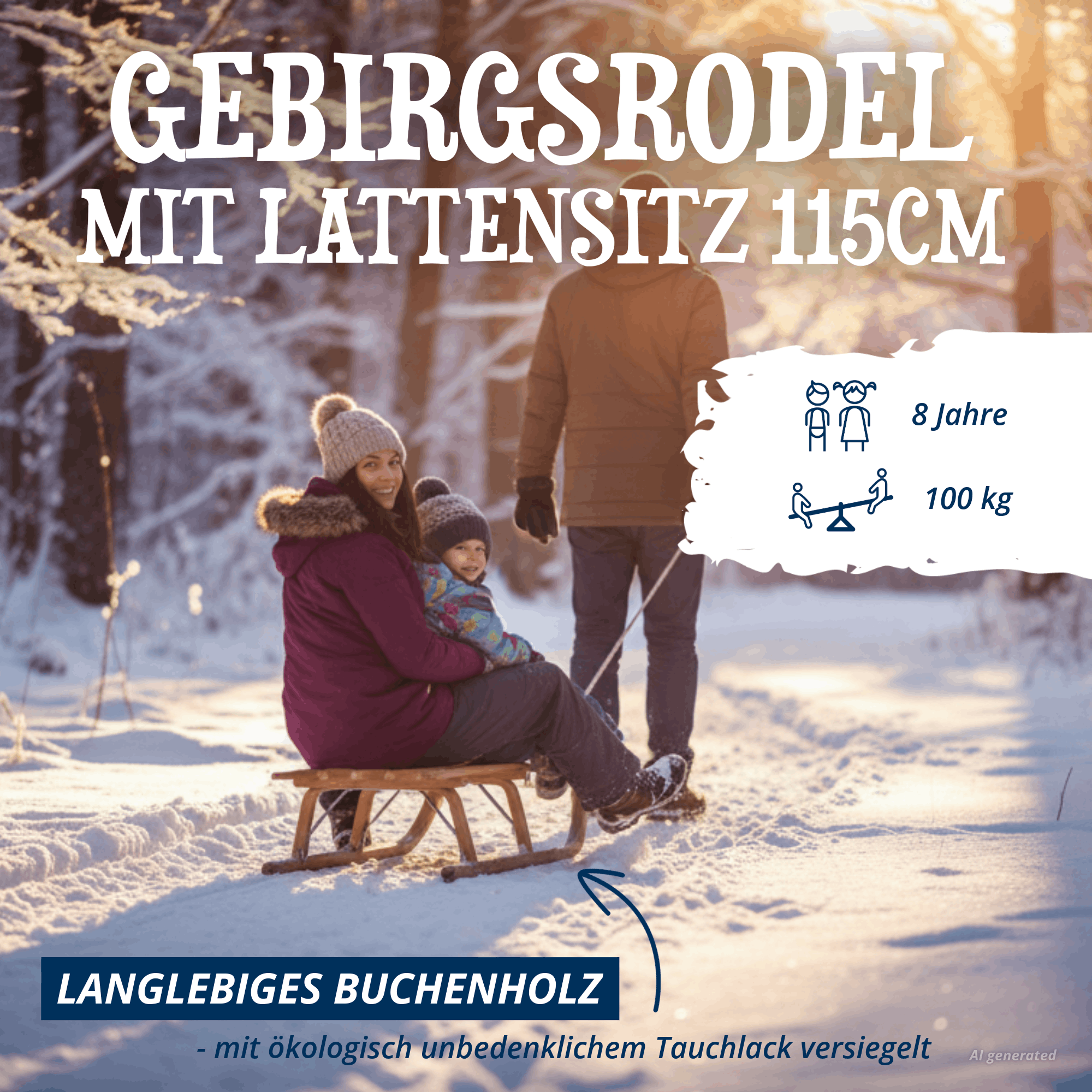 Gebirgsrodel mit Lattensitz 115 cm im Einsatz im Winterwald, geeignet für ein Kind und einen Erwachsenen, belastbar bis 100 kg.