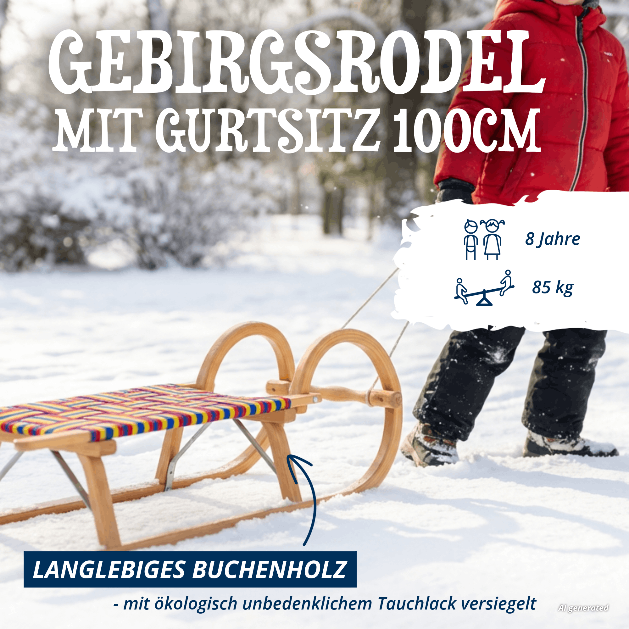Gebirgsrodel mit Gurtsitz 100 cm im Schnee, langlebiges Buchenholz, geeignet für Kinder bis 8 Jahre und 85 kg