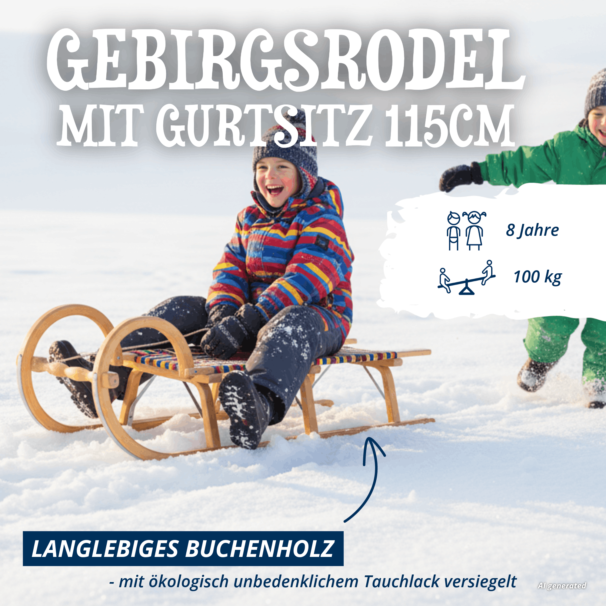 Gebirgsrodel mit Gurtsitz 115 cm im Einsatz im Schnee, Kind sitzt lachend auf dem Holzschlitten, Textoverlay zu langlebigem Buchenholz und umweltfreundlicher Versiegelung.