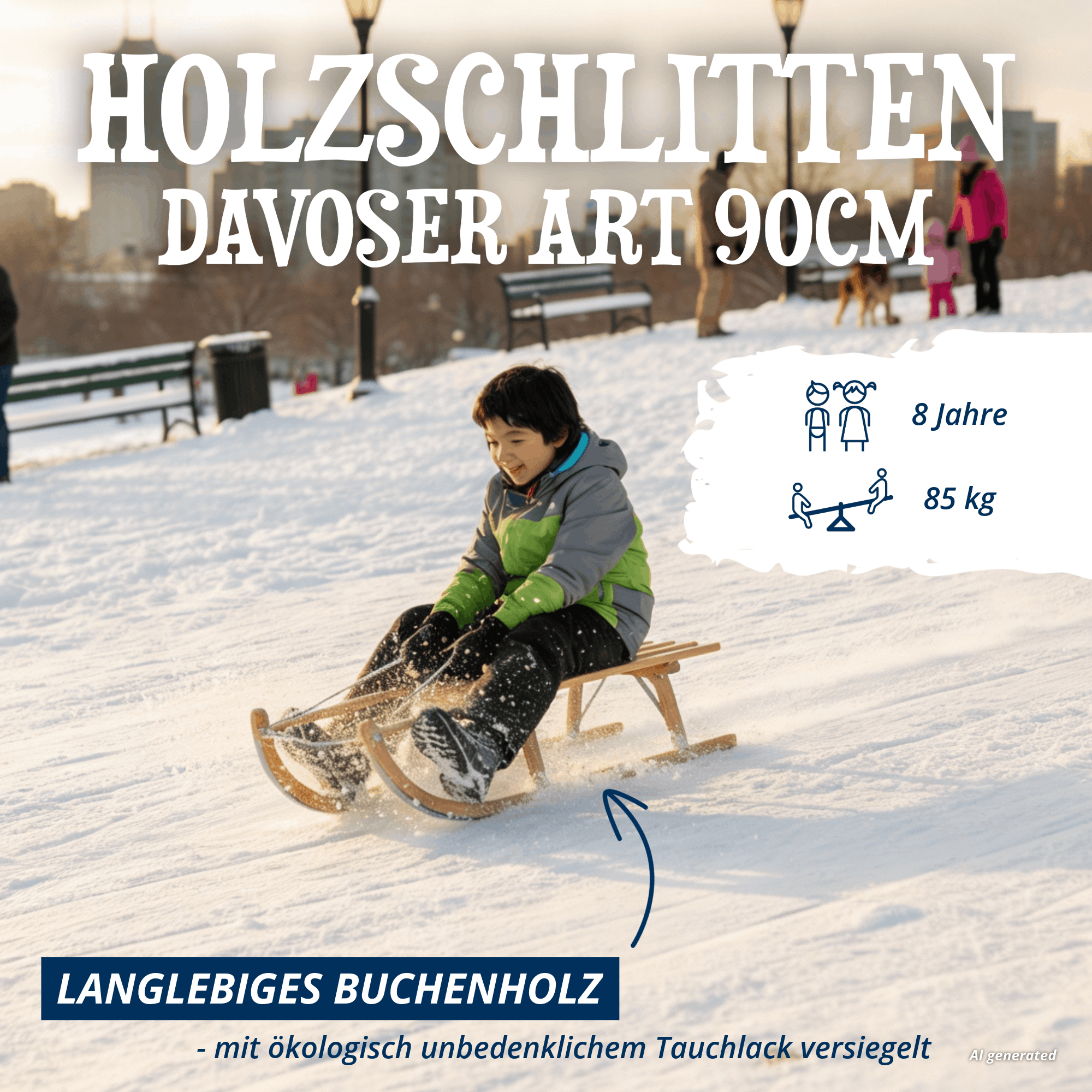 Kind fährt mit einem Holzschlitten Davoser Art 90 cm aus Buchenholz im Schnee, mit Hinweisen zu Altersempfehlung und Belastbarkeit