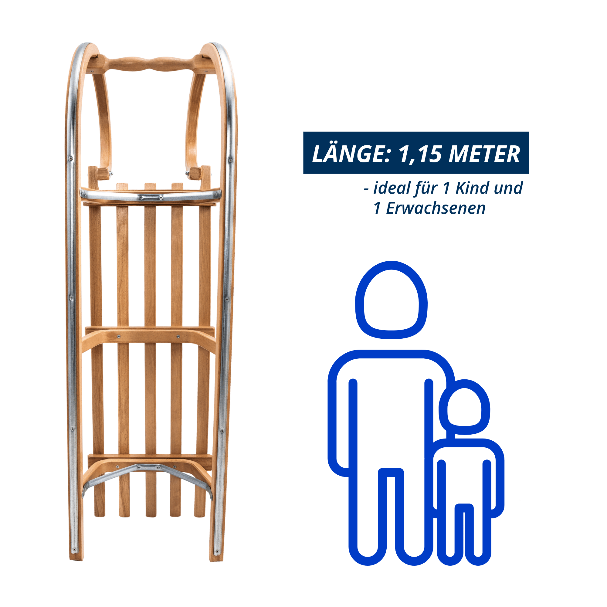 Holzschlitten in Draufsicht mit Maßangabe 1,15 Meter Länge, Darstellung für ein Kind und einen Erwachsenen.