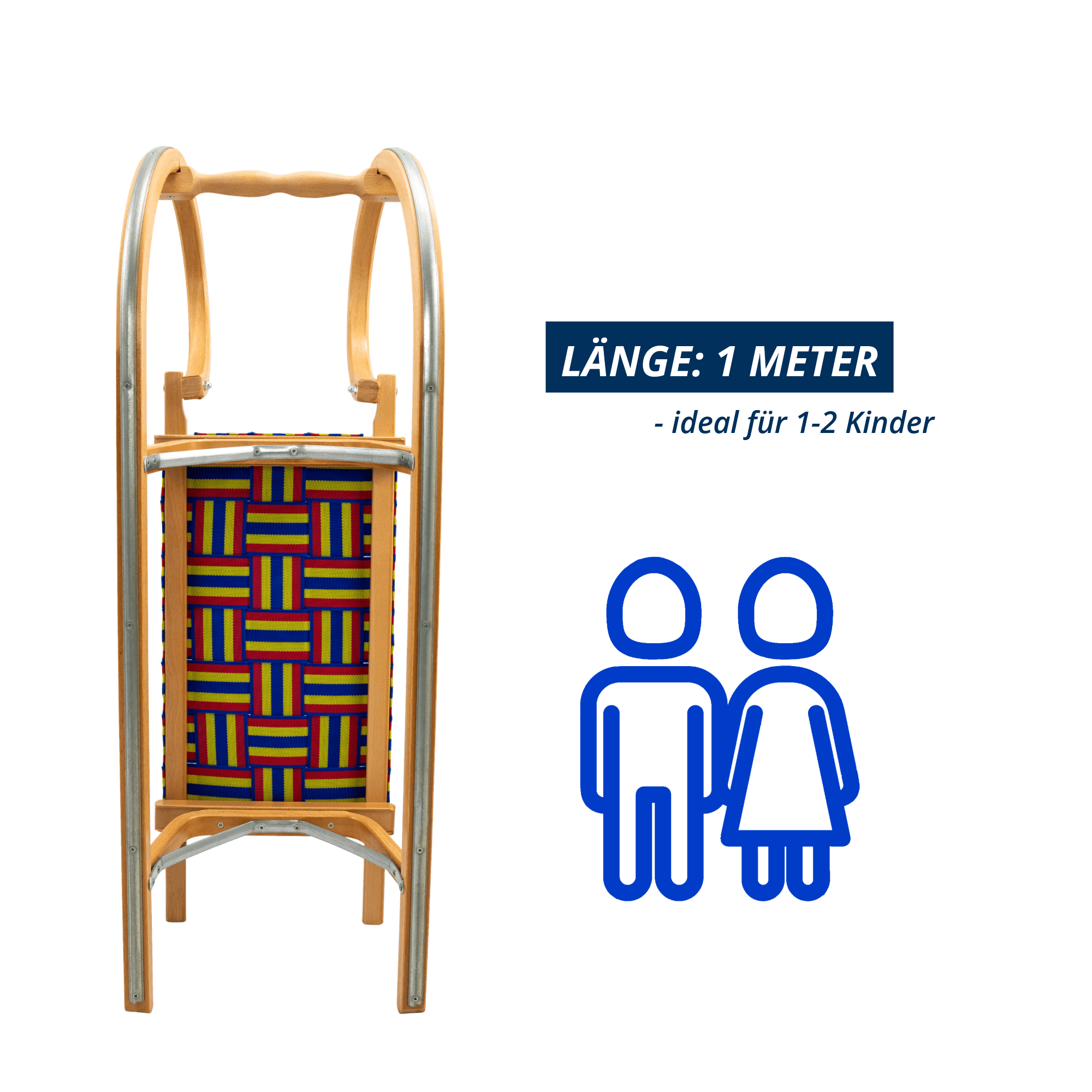 Frontansicht des Gebirgsrodels mit Gurtsitz, Länge 1 Meter, ideal für ein bis zwei Kinder