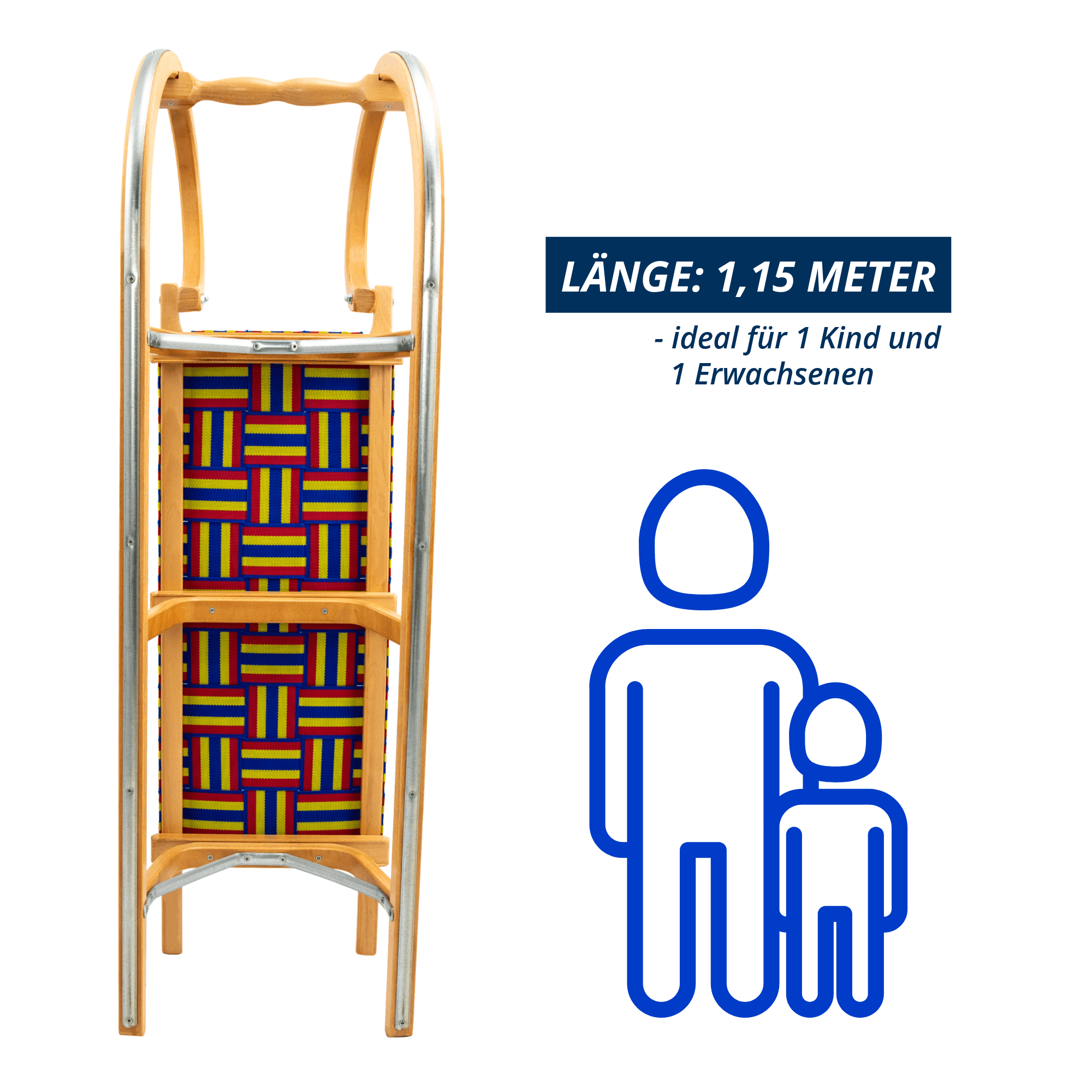 Draufsicht auf Gebirgsrodel mit Gurtsitz 115 cm, Darstellung der Länge, geeignet für ein Kind und einen Erwachsenen, Symbolgrafik neben dem Schlitten.
