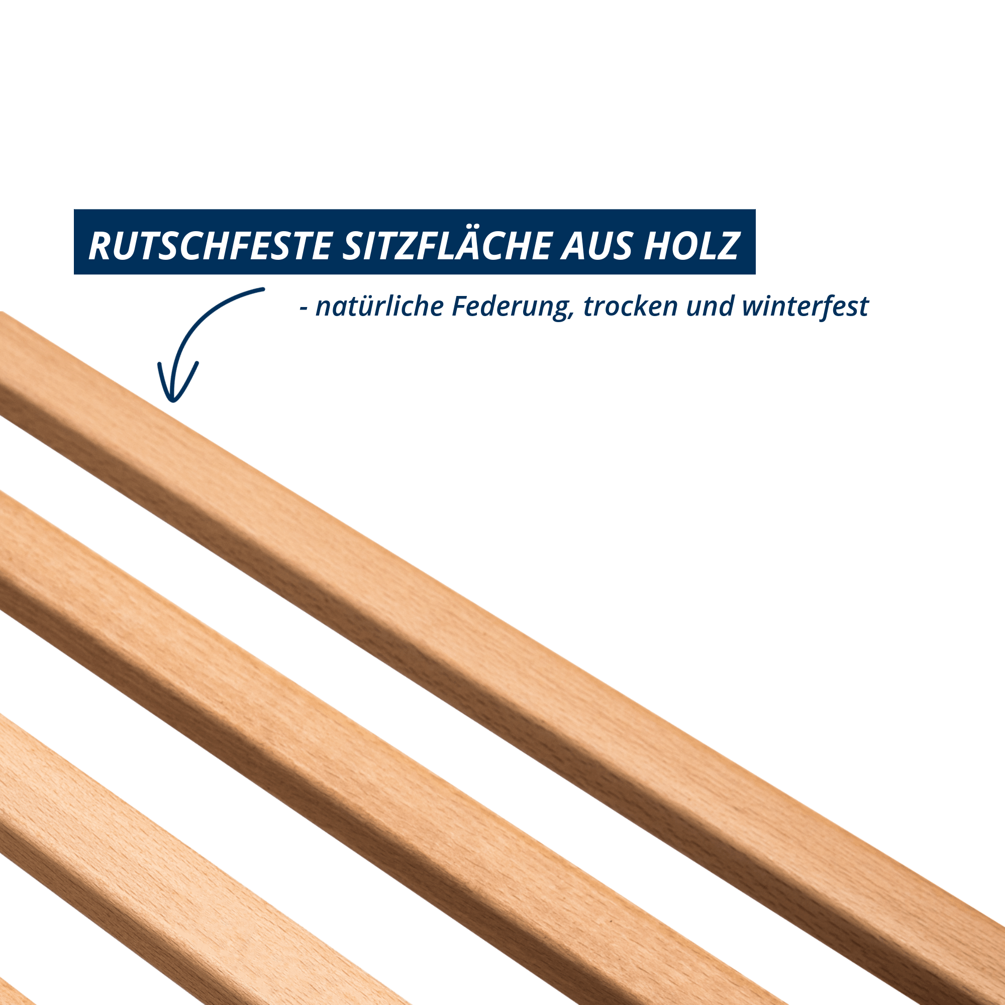 Detail der rutschfesten Sitzfläche aus Holzlatten, natürliche Federung, trocken und winterfest.