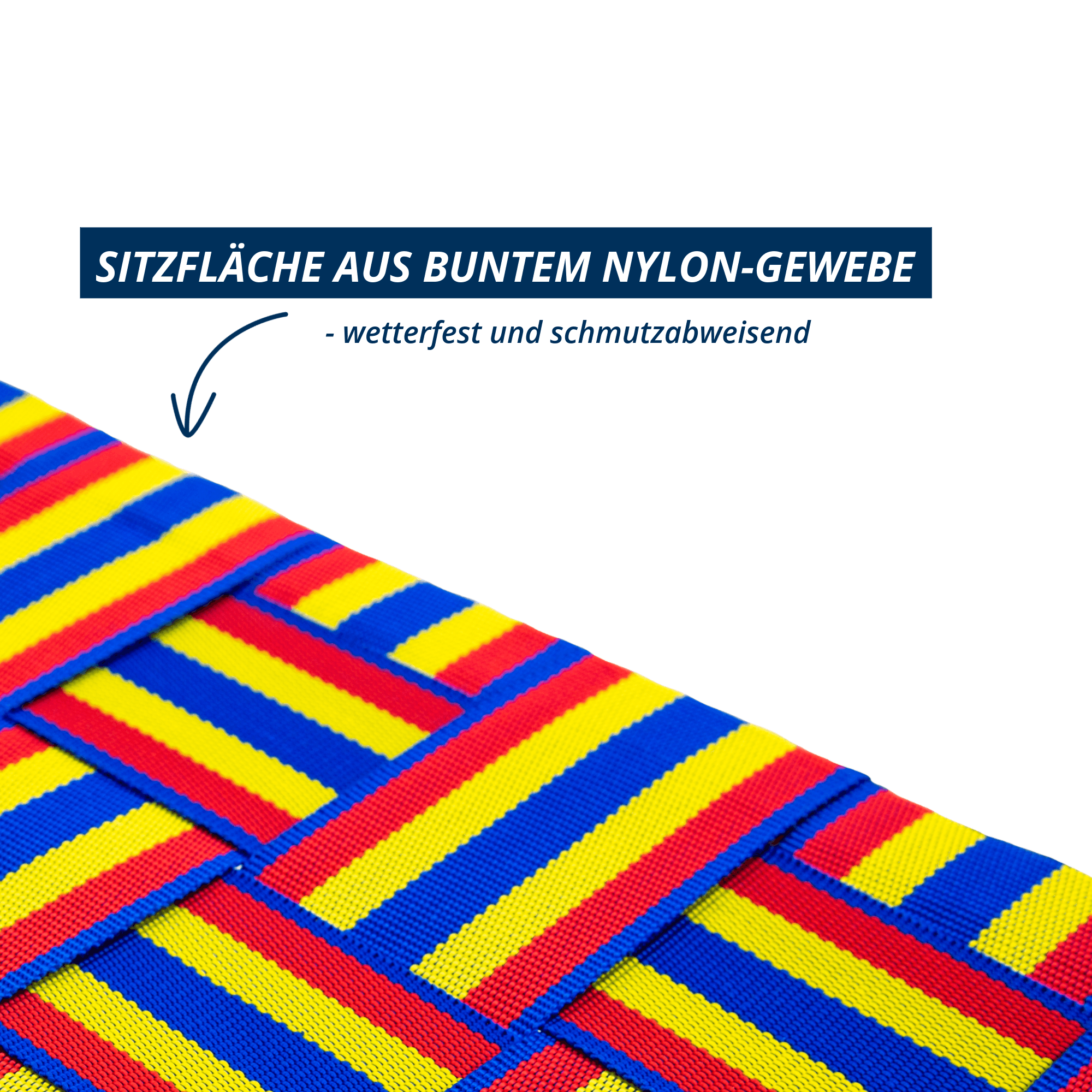 Nahaufnahme der Sitzfläche aus buntem Nylon-Gewebe, wetterfest und schmutzabweisend