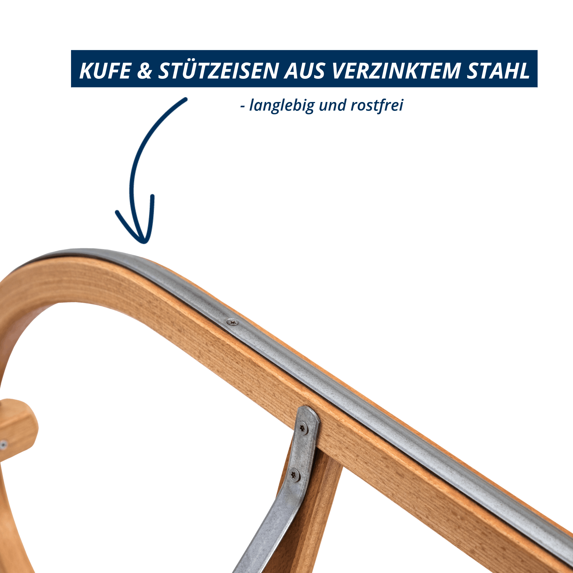 Nahaufnahme der verzinkten Stahlkufen und Stützeisen, rostfrei und langlebig.