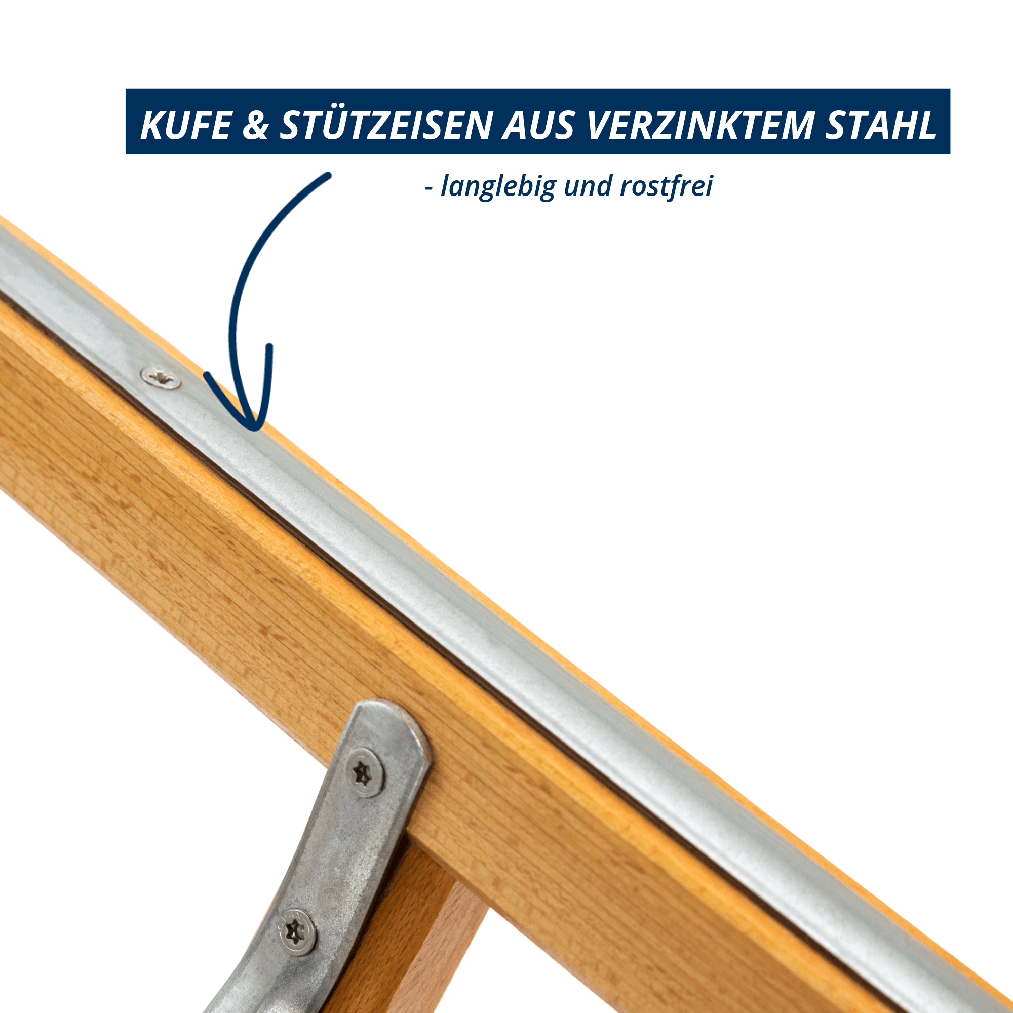 Detail der Kufe und Stützeisen aus verzinktem Stahl, rostfrei und langlebig