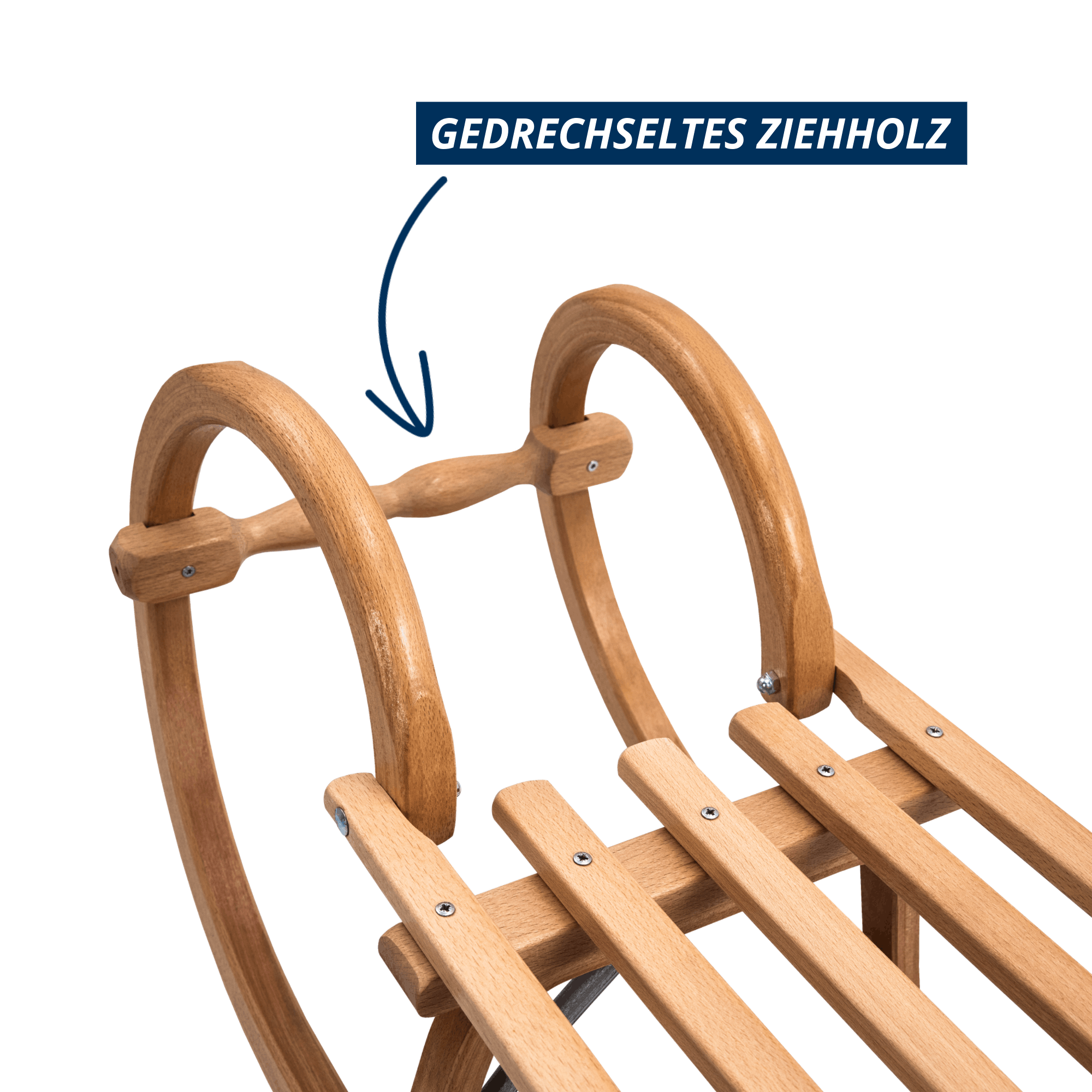 Gedrechseltes Ziehholz aus Holz an der Vorderseite des Schlittens, ergonomisch geformter Griff.