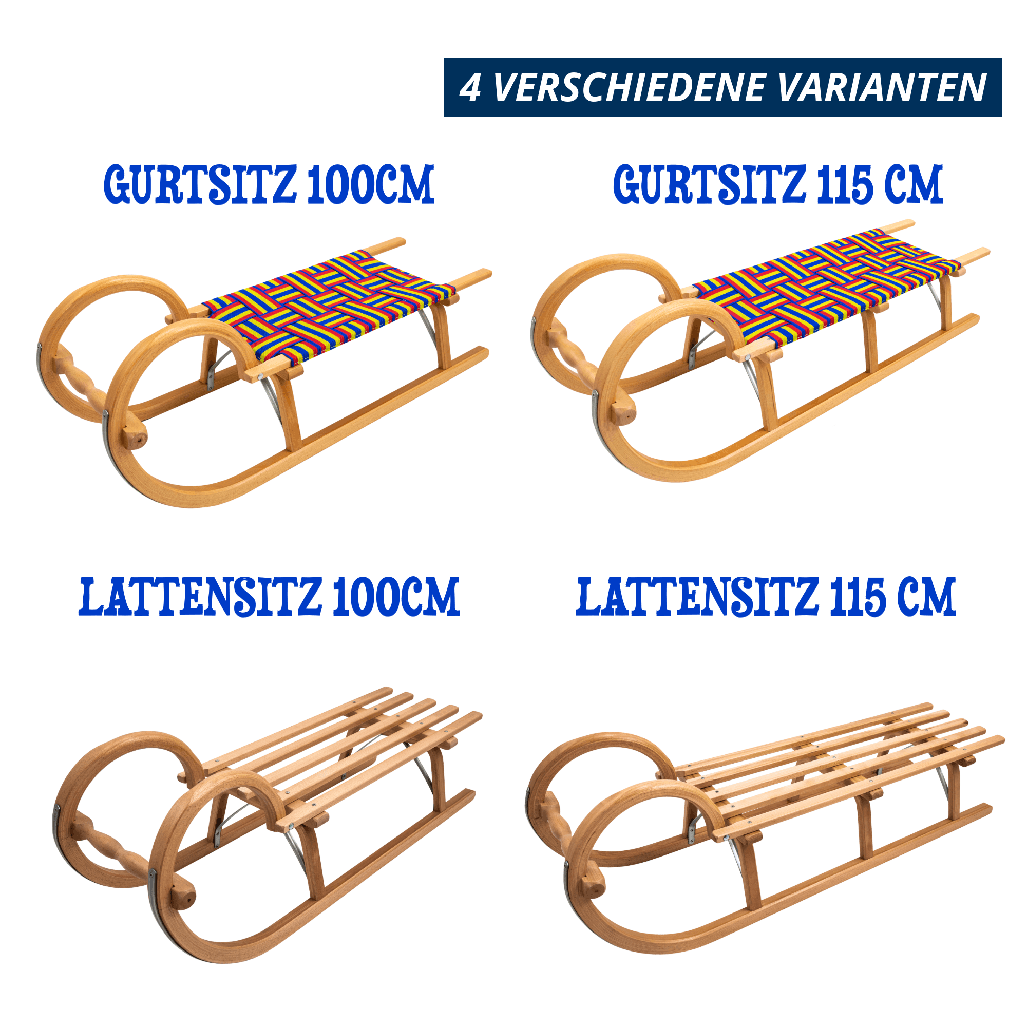 Vier Varianten des Holzrodels: Gurtsitz und Lattensitz jeweils in 100 cm und 115 cm Länge.