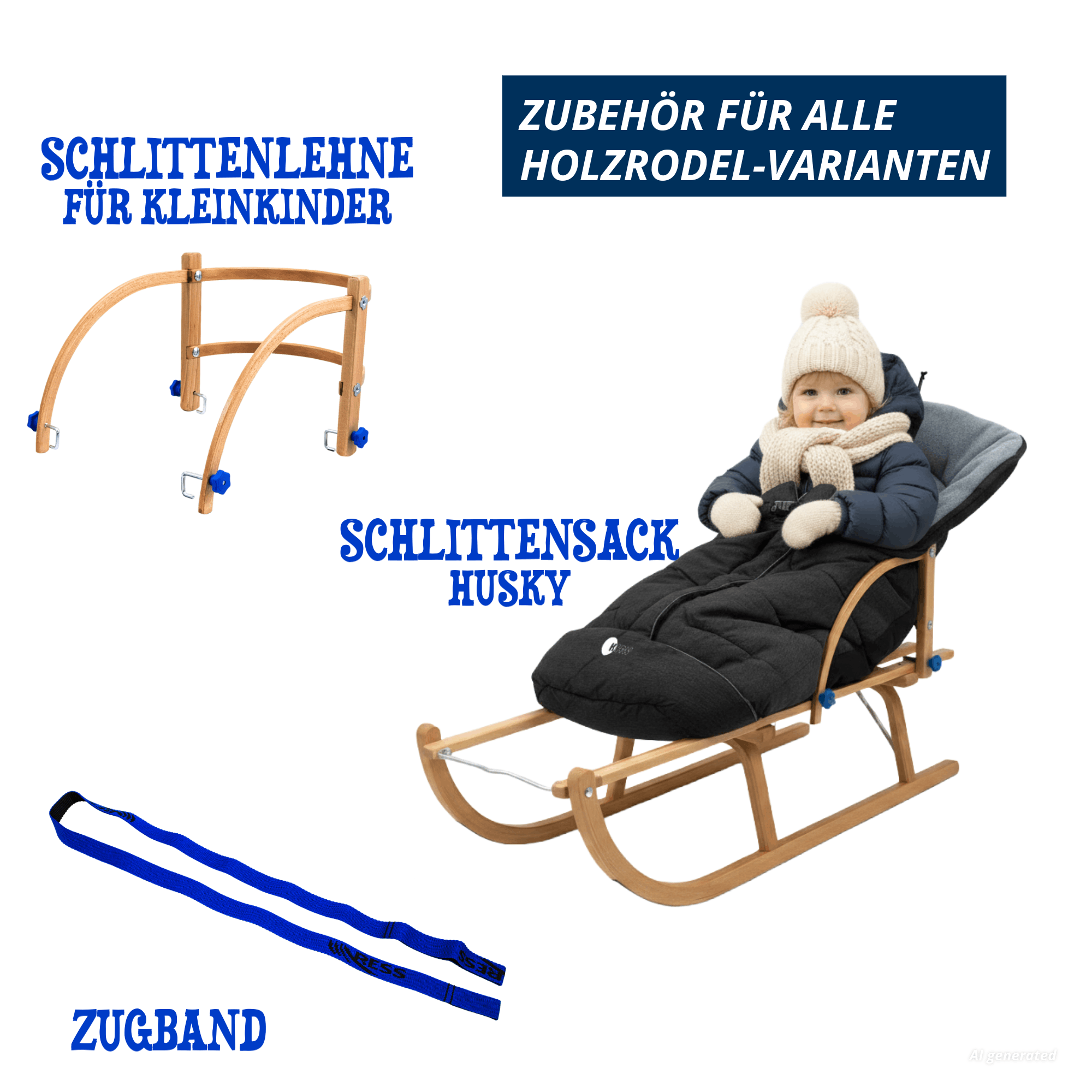 Zubehör für Holzrodel: Zugband und Schlittenlehne für Kleinkinder, freigestellt dargestellt
