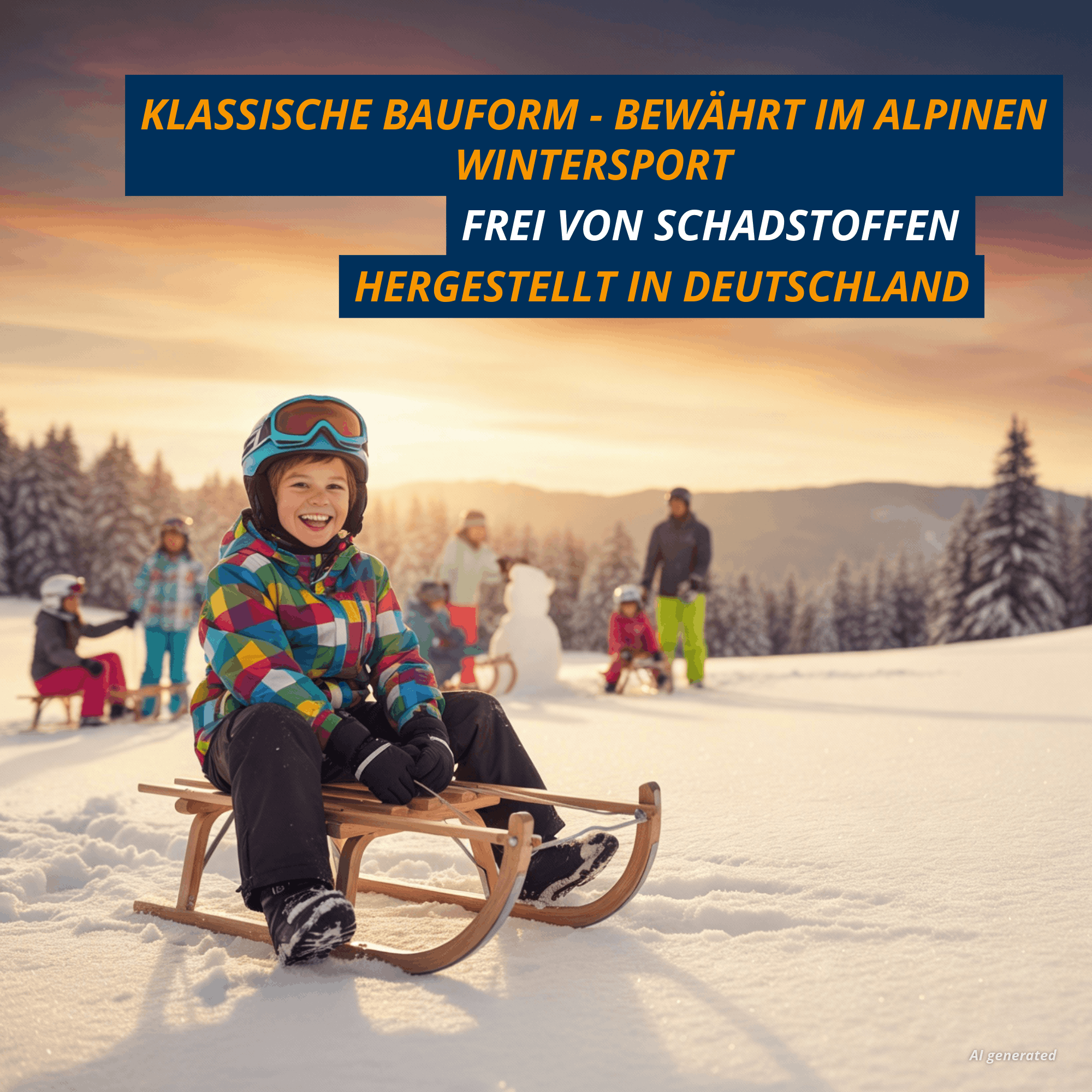 Klassischer Holzschlitten Davoser Art im Einsatz im Schnee, mit Hinweisen zu Bauform, Schadstofffreiheit und Herstellung in Deutschland