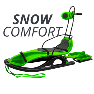 KHW Snow Comfort Schlitten in Grün-Anthrazit mit Sitz, Kopfstütze, Seitenschutzbügeln, Haltegurten, Fußablagen und einklappbarer Schlittenplattform.