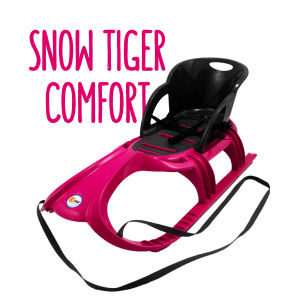 Produktbild des pink-anthrazitfarbenen KHW Snow Tiger Comfort Schlittens mit Rückenlehne, Drei-Punkt-Haltegurt, rutschfester Sitzfläche und Zugseil vor weißem Hintergrund.