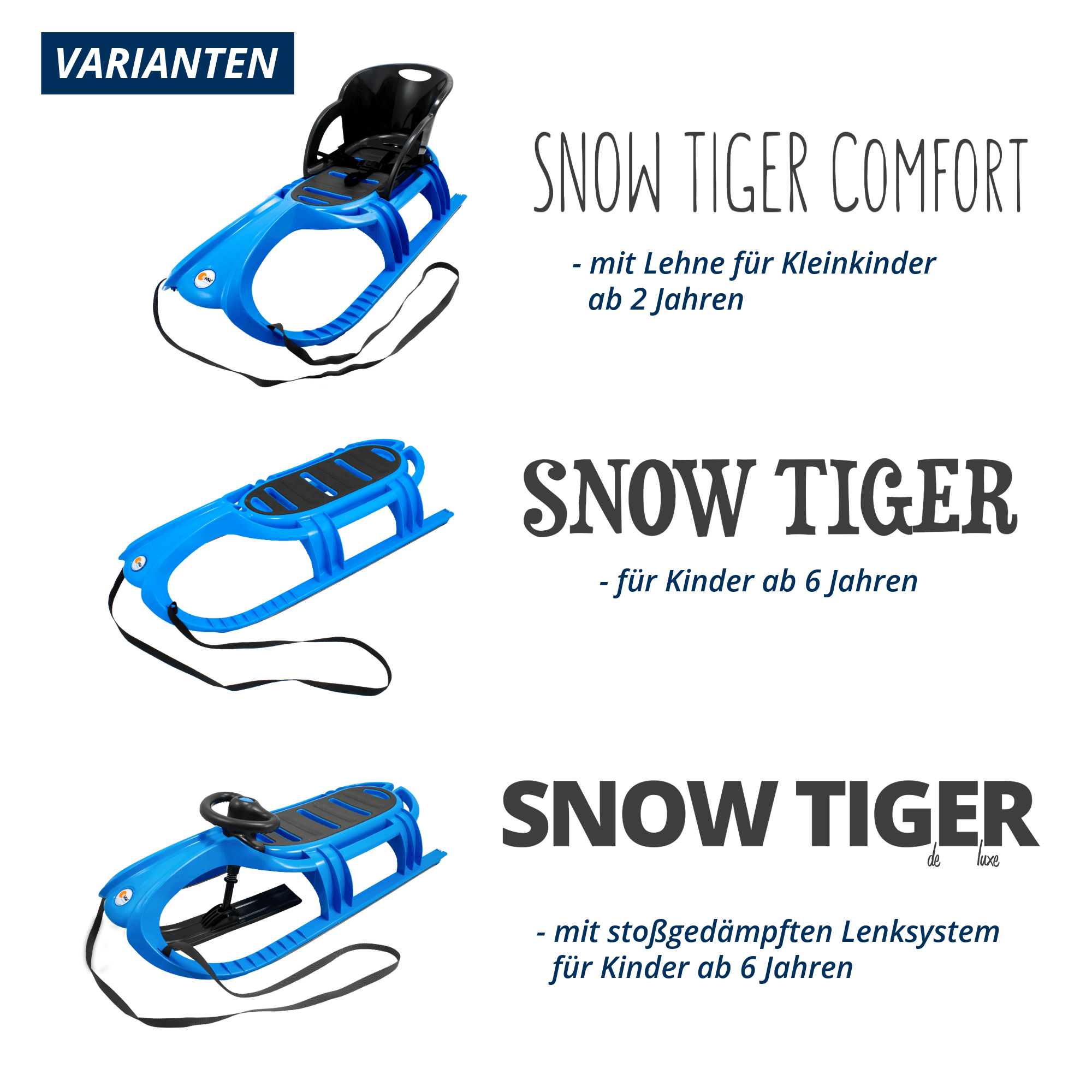 Übersicht der Snow Tiger Varianten von KHW: Snow Tiger Comfort mit Lehne für Kleinkinder ab 2 Jahren, Snow Tiger für Kinder ab 6 Jahren und Snow Tiger de luxe mit stoßgedämpftem Lenksystem für Kinder ab 6 Jahren.