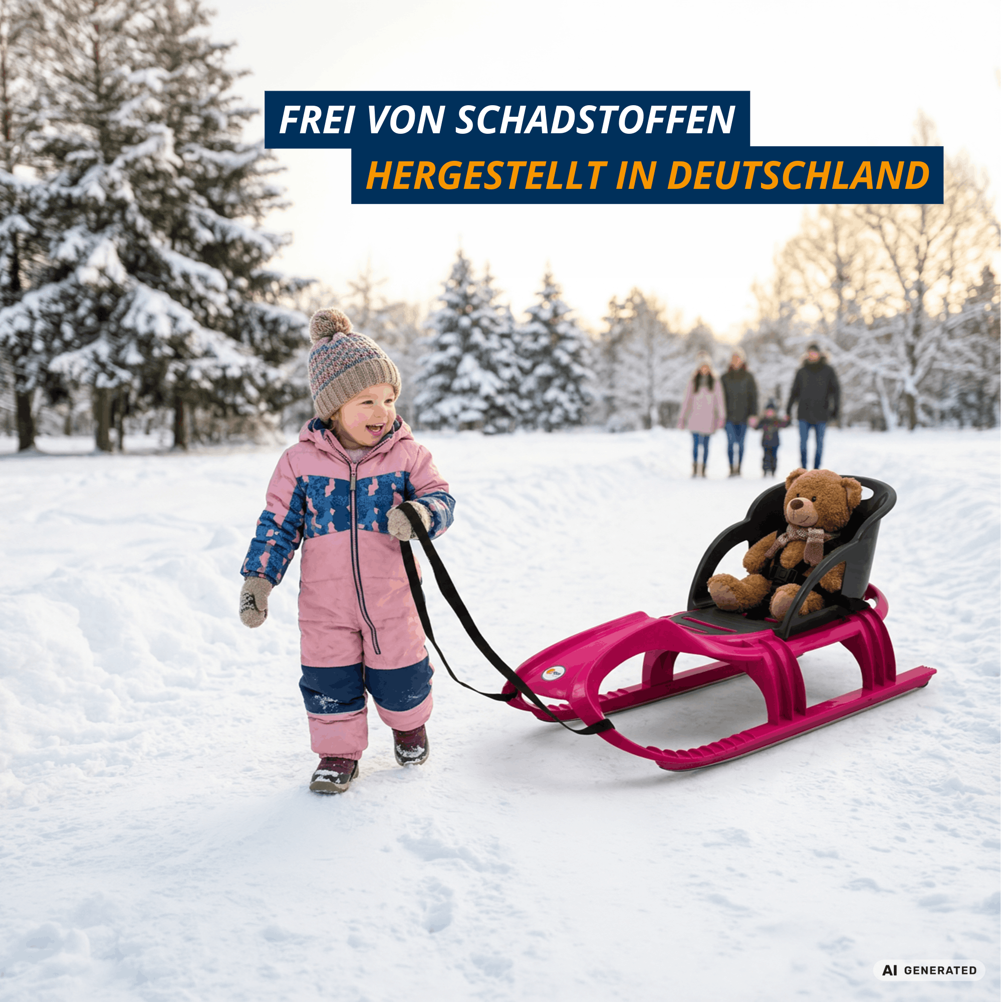 KI-generiertes Bild: Ein Kind zieht den pink-anthrazitfarbenen KHW Snow Tiger Comfort Schlitten durch eine verschneite Landschaft; auf dem Schlitten sitzt ein Teddybär. Eingeblendete Hinweise: frei von Schadstoffen und hergestellt in Deutschland.