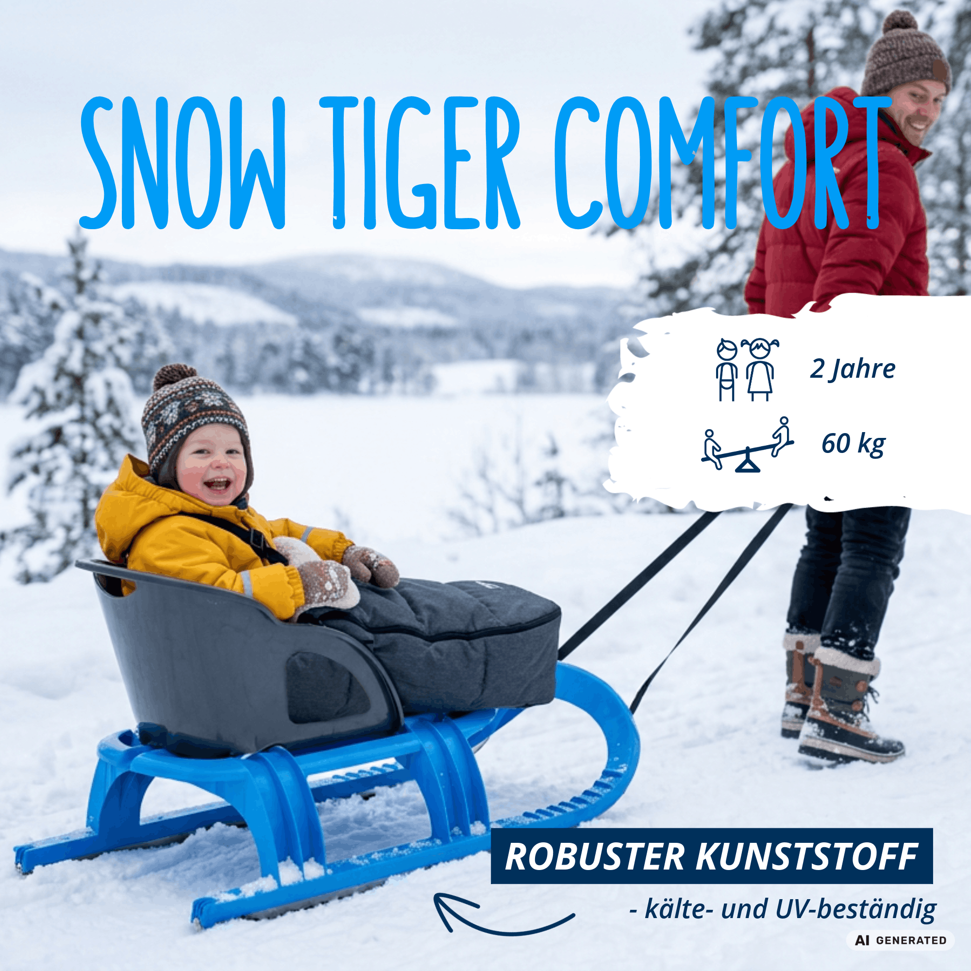 KI-generiertes Bild: Ein Kind sitzt im eisblauen KHW Snow Tiger Comfort Schlitten mit anthrazitfarbenem Sitz und Rückenlehne und wird durch eine verschneite Landschaft gezogen. Eingeblendete Produktinfos: geeignet ab 2 Jahren, belastbar bis 60 kg, robuster Kunststoff, kälte- und UV-beständig.