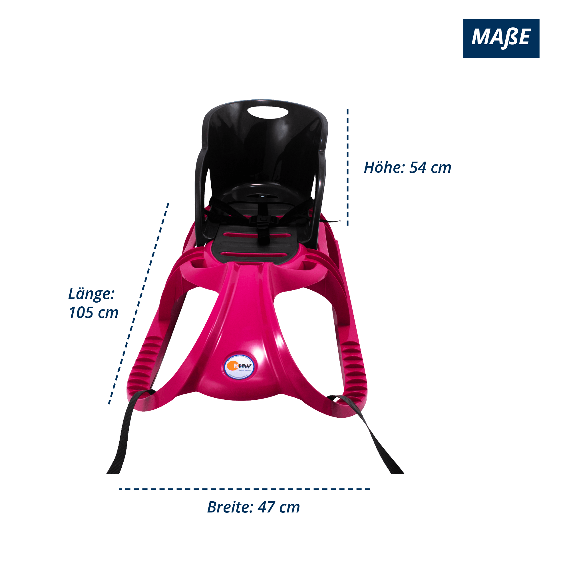 Produktbild des pink-anthrazitfarbenen KHW Snow Tiger Comfort Schlittens vor weißem Hintergrund. Maße: Länge 105 cm, Breite 47 cm, Höhe 54 cm.