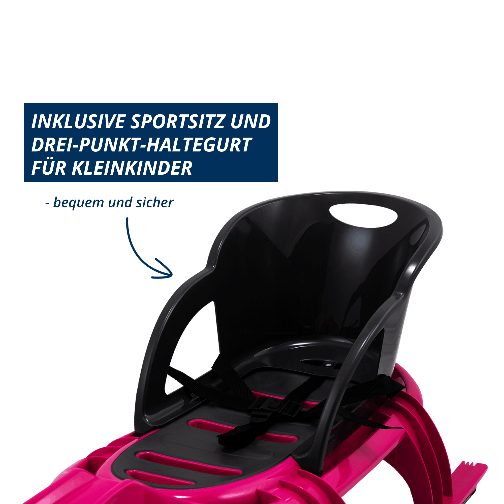 Detailansicht des pink-anthrazitfarbenen KHW Snow Tiger Comfort Schlittens mit Sportsitz, Rückenlehne und Drei-Punkt-Haltegurt für Kleinkinder. Hinweis im Bild: bequem und sicher.
