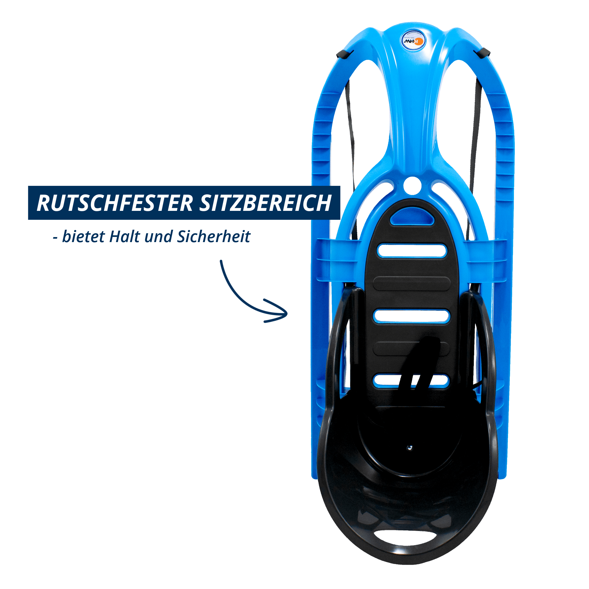 Draufsicht auf den eisblauen KHW Snow Tiger Comfort Schlitten mit anthrazitfarbener, rutschfester Sitzfläche. Hinweis im Bild: bietet Halt und Sicherheit.
