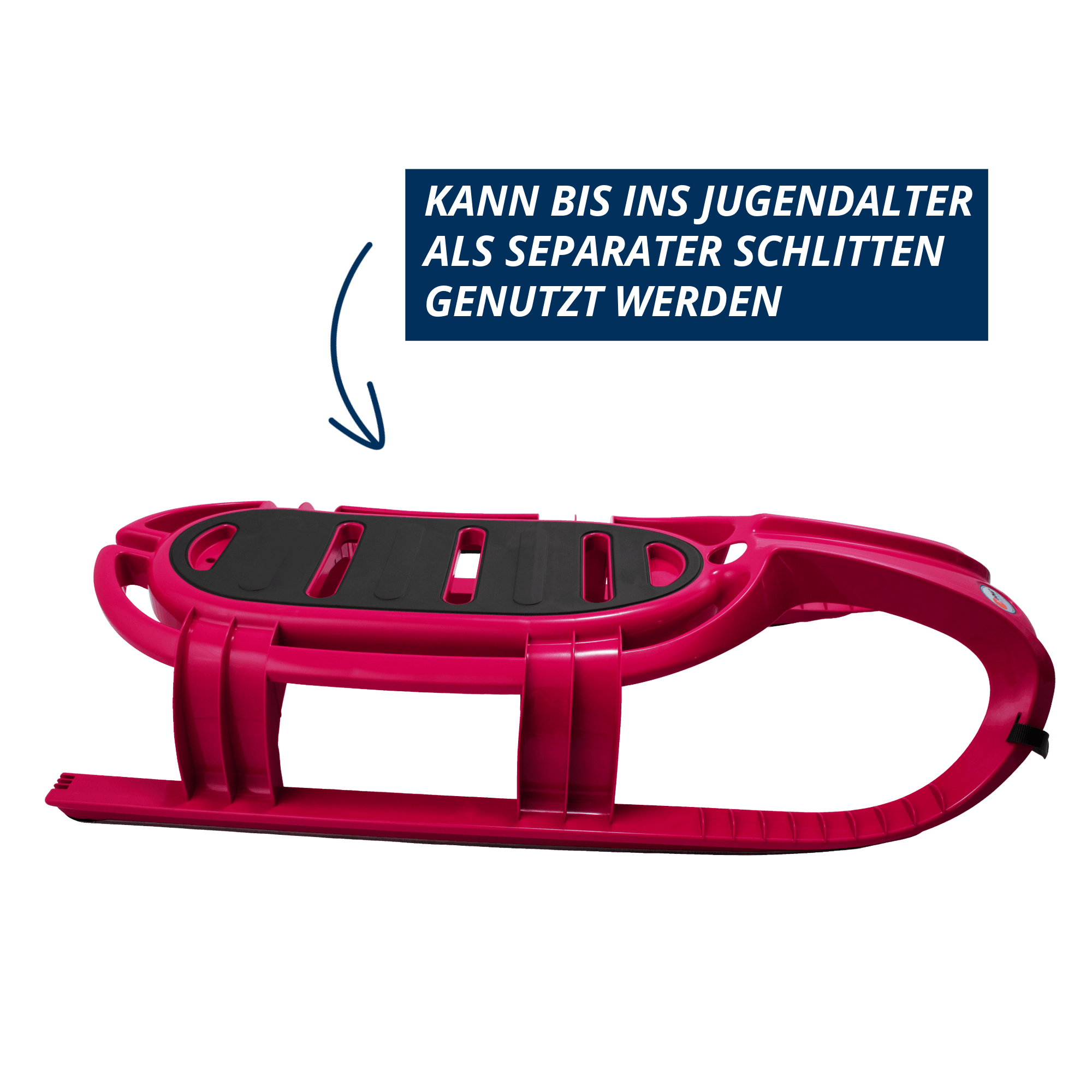 Seitenansicht des pink-anthrazitfarbenen KHW Snow Tiger Comfort Schlittens ohne Rückenlehne. Hinweis im Bild: kann bis ins Jugendalter als separater Schlitten genutzt werden.