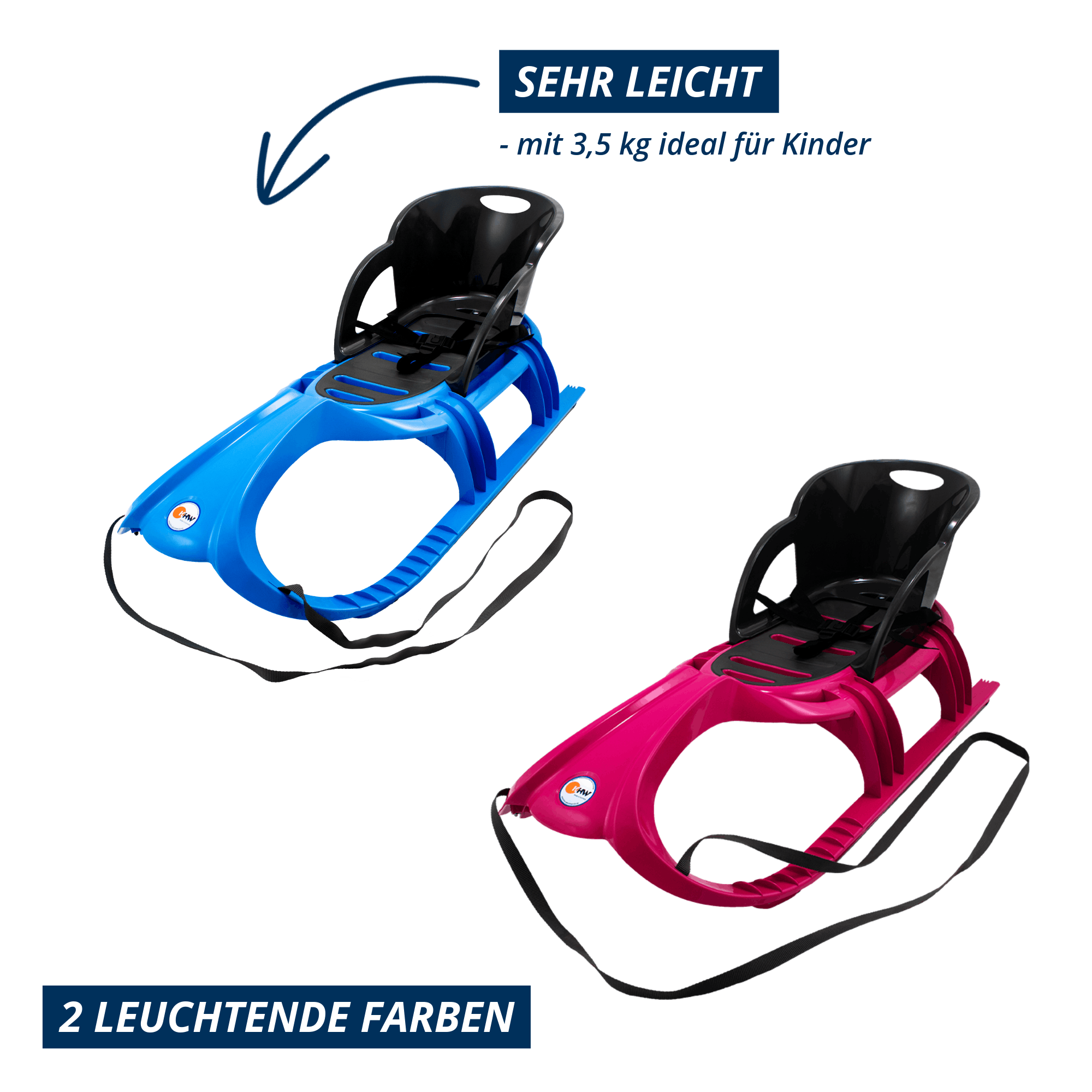 Produktbild mit zwei Farbvarianten des KHW Snow Tiger Comfort Schlittens: Eisblau-Anthrazit und Pink-Anthrazit. Hinweis im Bild: sehr leicht, mit 3,5 kg ideal für Kinder, in zwei leuchtenden Farben erhältlich.