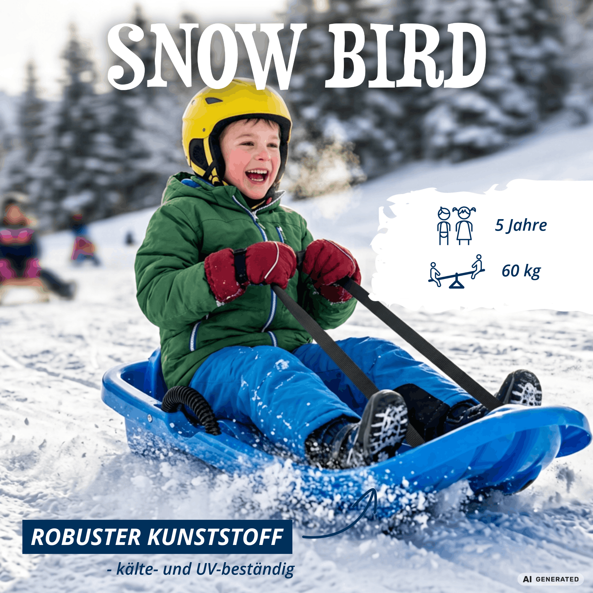 Lachendes Kind mit Helm fährt auf einem blauen Snow-Bird-Schlitten durch den Schnee. Geeignet ab 5 Jahren und bis 60 Kilogramm. Der robuste Kunststoff ist kälte- und UV-beständig.
