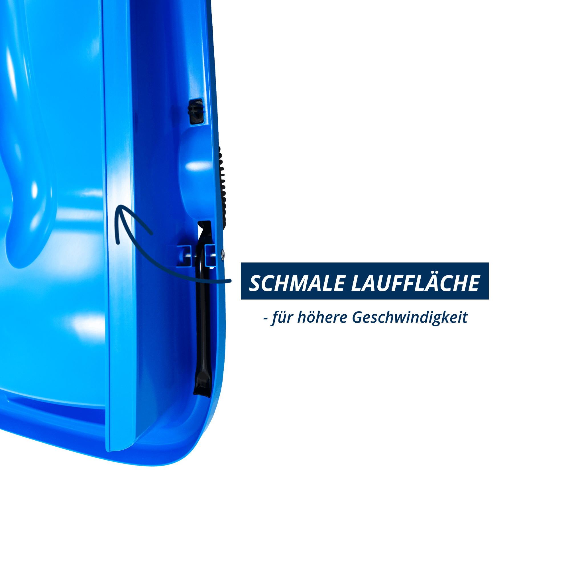 Detailansicht der schmalen Lauffläche an der Unterseite des blauen Schlittens. Die schmale Form ermöglicht eine höhere Geschwindigkeit.