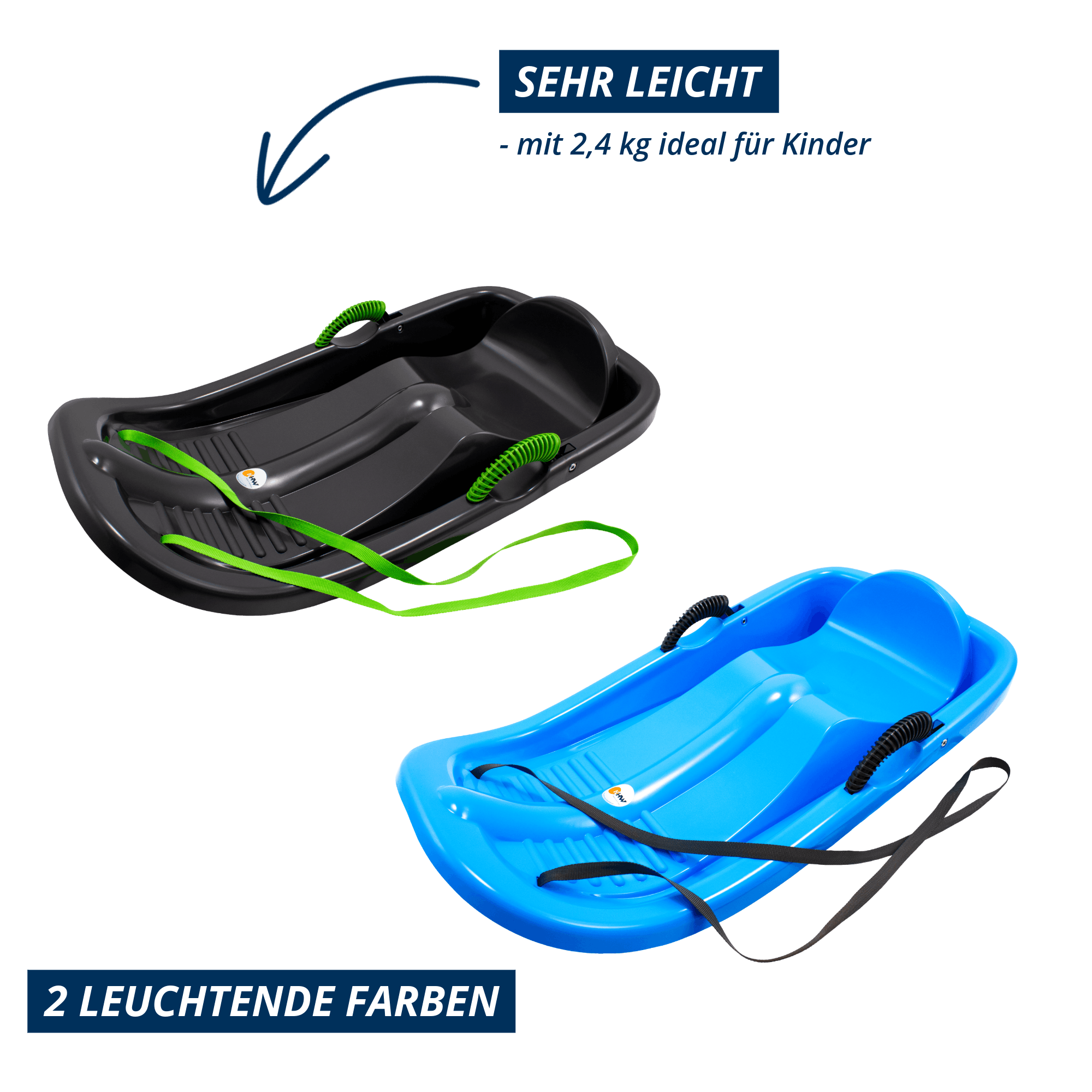 Snow-Bird-Schlitten in anthrazit mit grünen Details und in iceblue mit anthraziten Details. Der Schlitten wiegt 2,4 Kilogramm und ist leicht von Kindern zu tragen.
